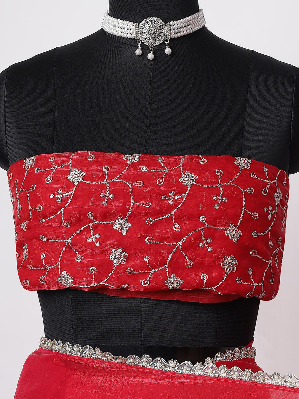 “Laal Nazakat” – Classic Red Saree with Silver Beaded Border