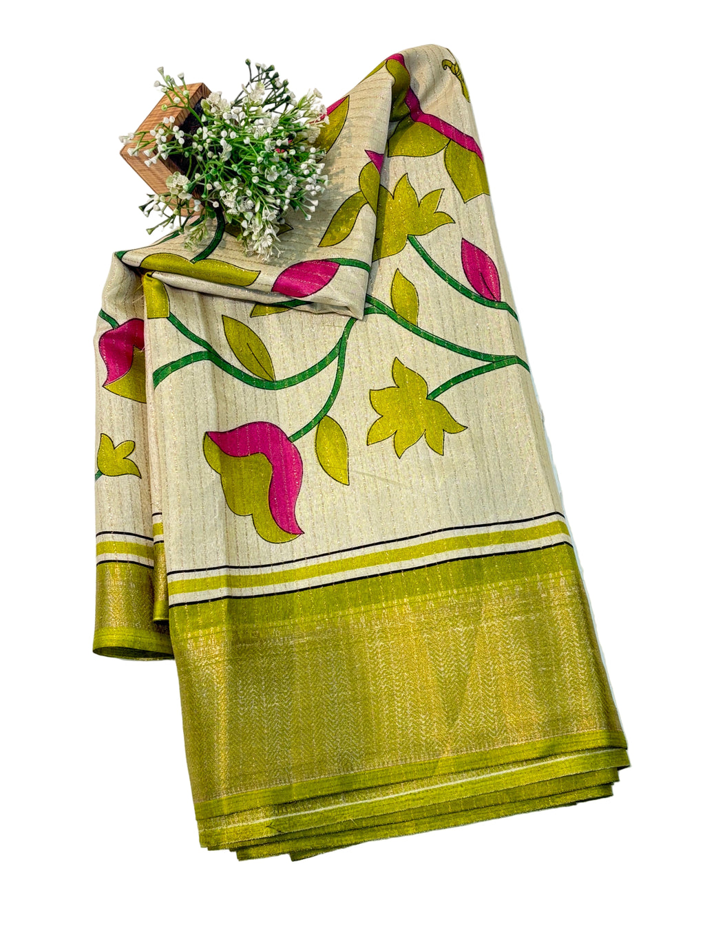 Name: Olive Green & Yellow Floral Saree semi Silk fabric with printed floral pallu and subtle shimmer texture