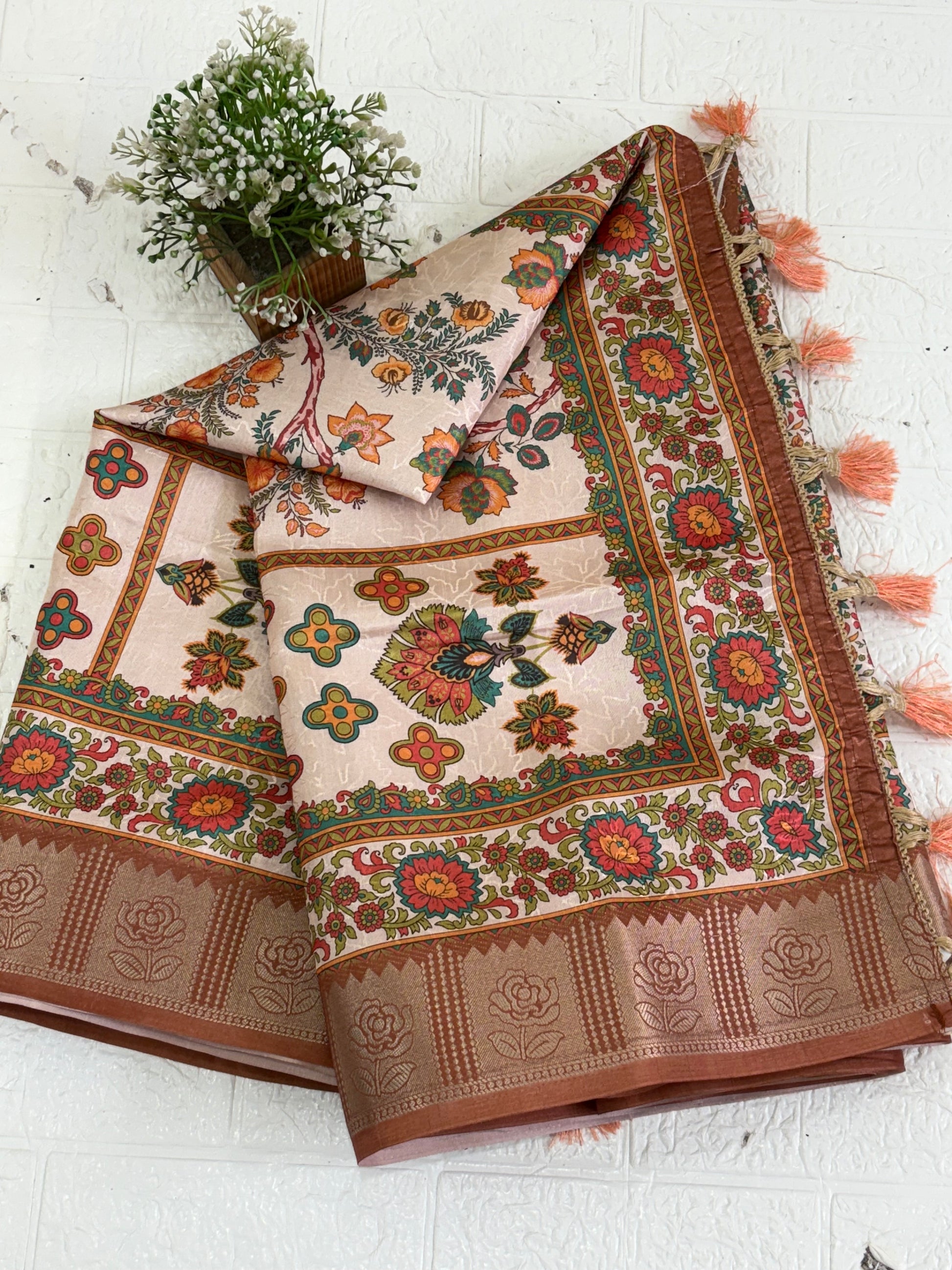 Cotton silk saree multicolour with copper colour zari border floral motifs often called a checked Patola design