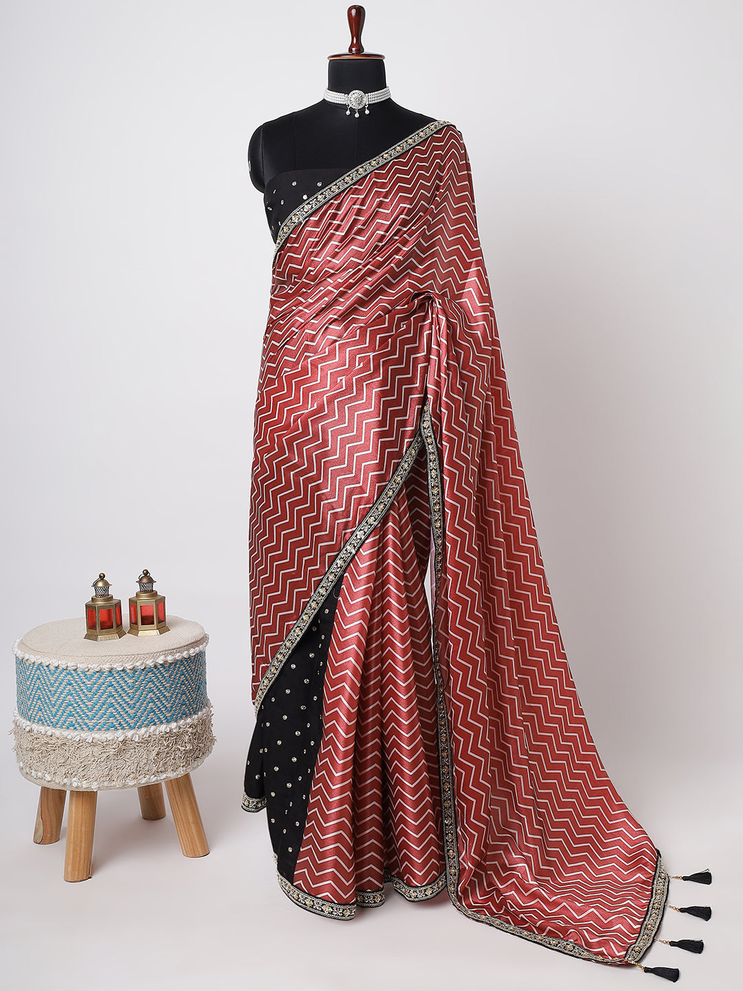Maroon & Black Dual-Tone Saree with Zigzag Pattern and Tassel Detailing