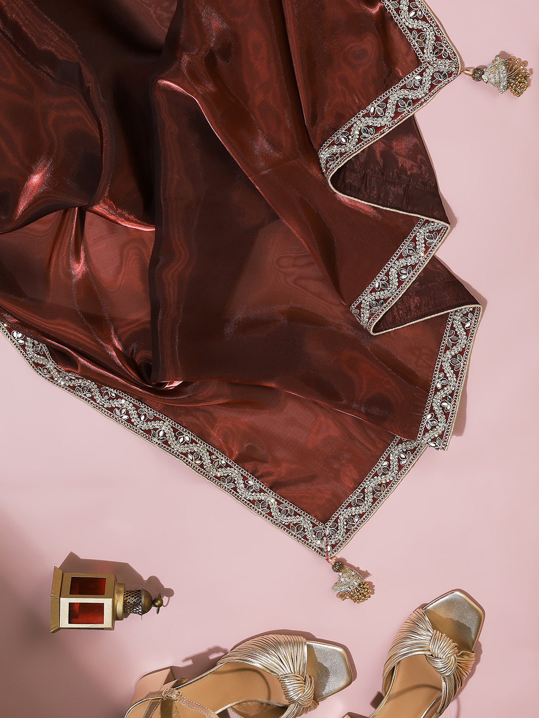 Maroon Organza Saree with Silver Mirror Embroidered Border
