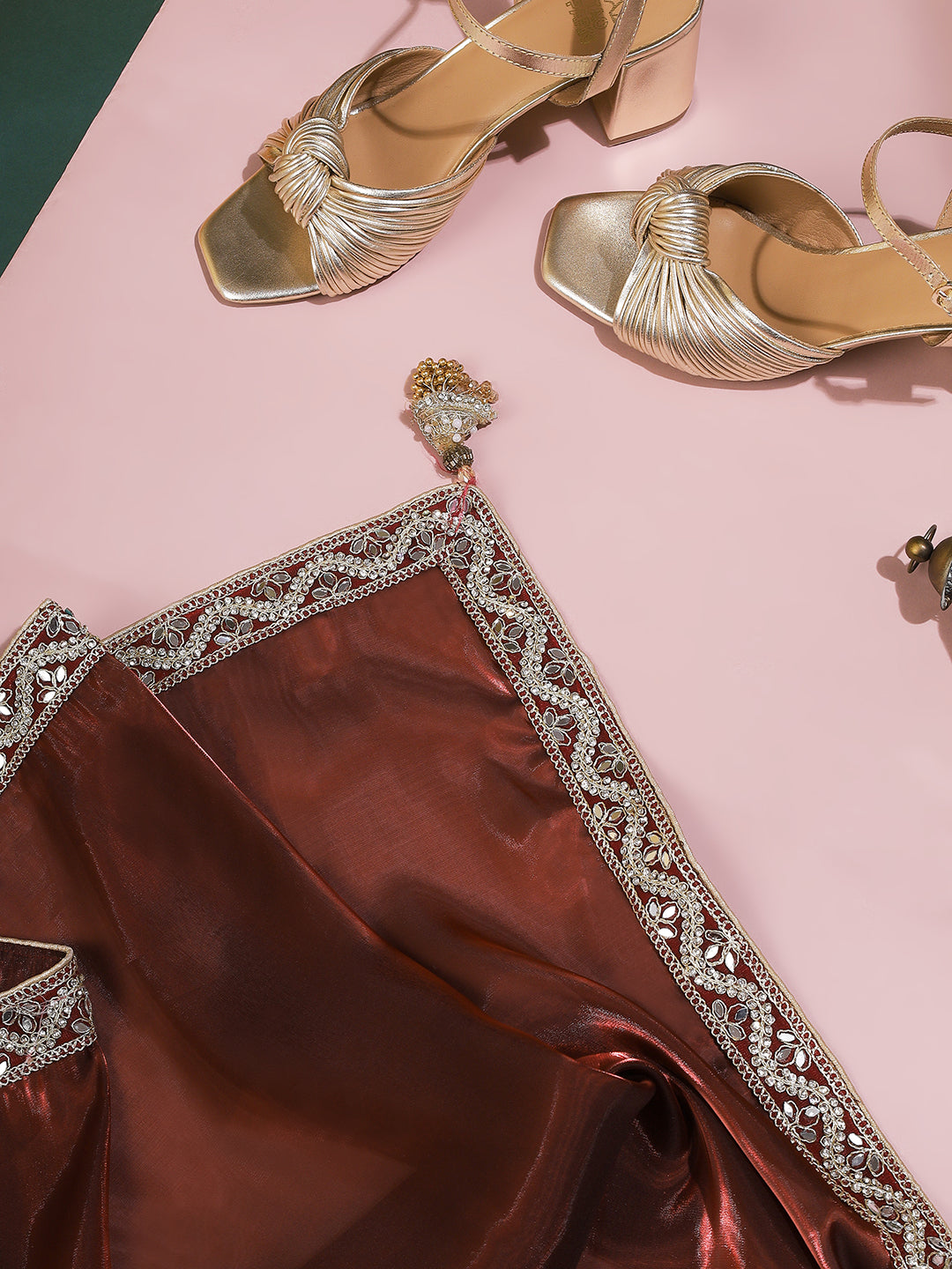 Maroon Organza Saree with Silver Mirror Embroidered Border
