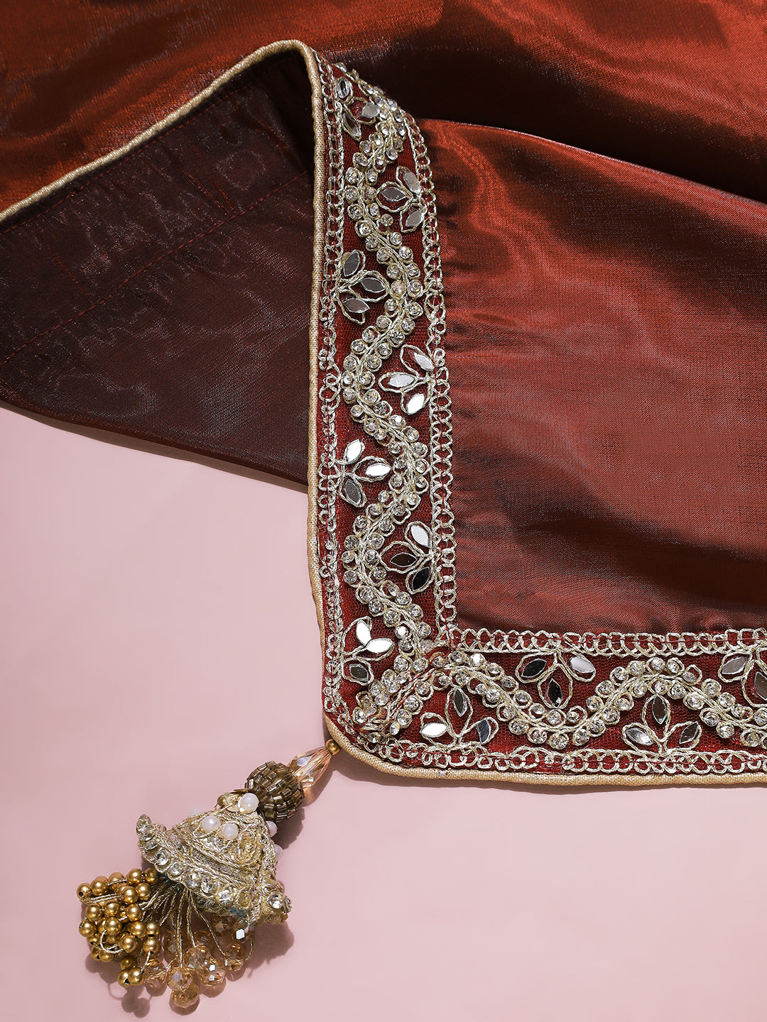 Maroon Organza Saree with Silver Mirror Embroidered Border