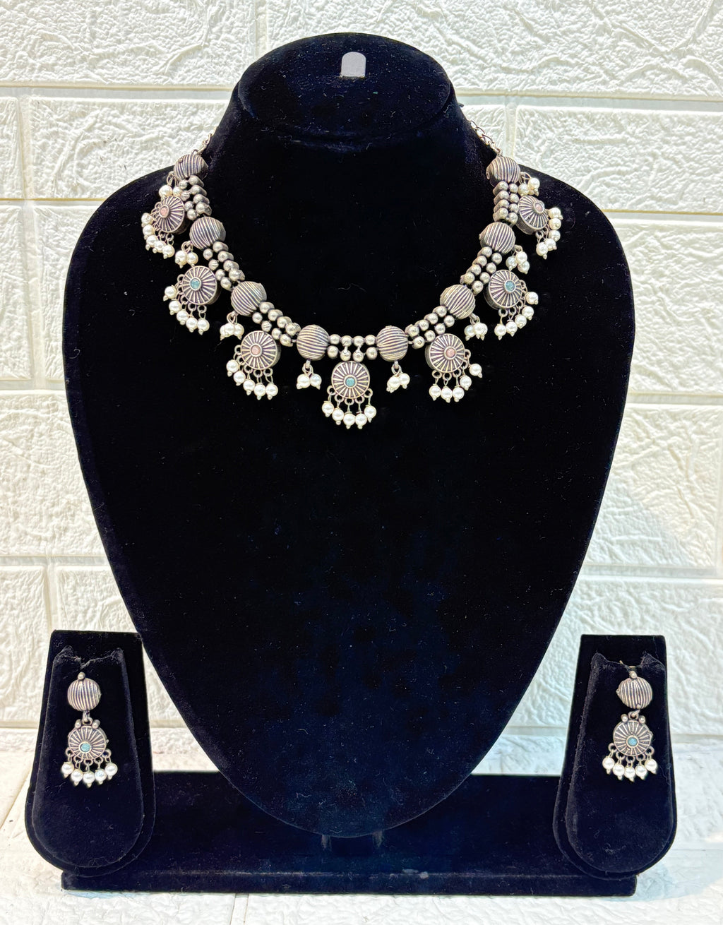 Name: Oxidized Silver Choker Set German silver base with pearl bead detailing