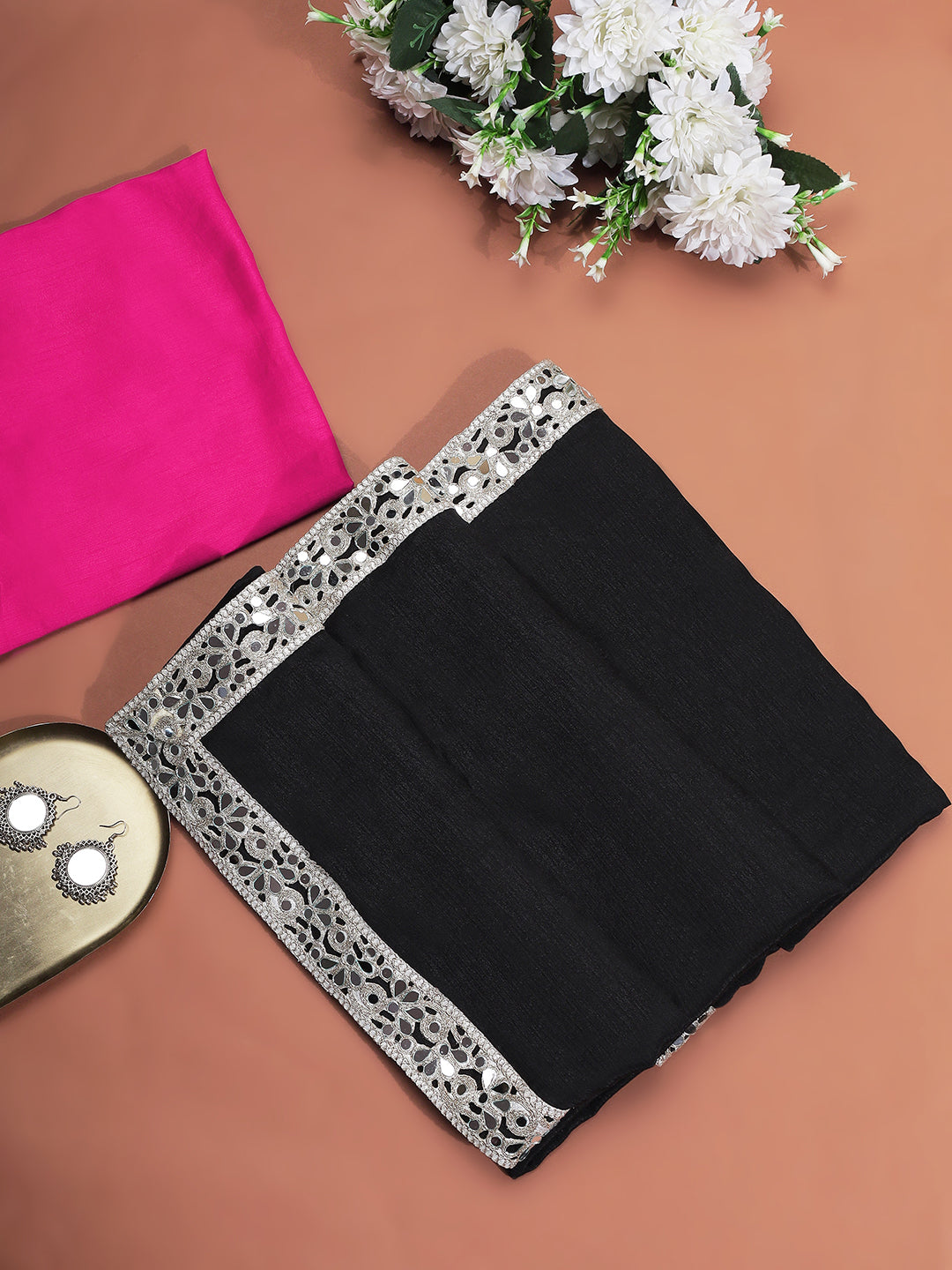 Black Mirror Work Georgette Saree with Hot Pink Blouse