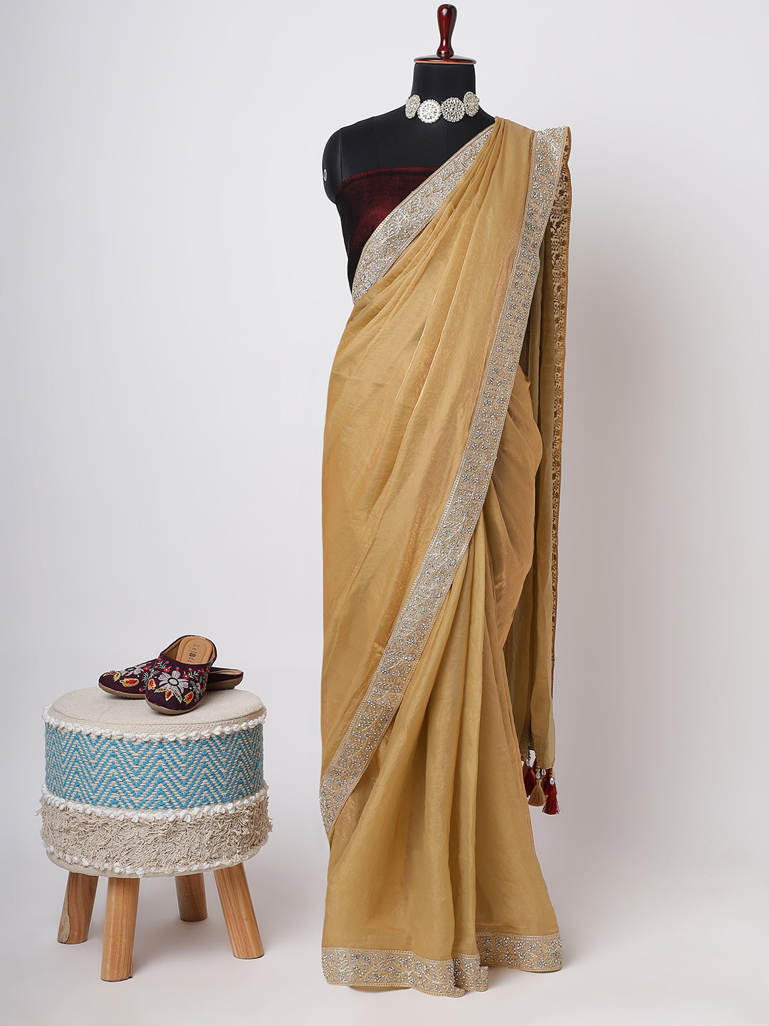 Golden Organza Saree with Silver Embroidered Border