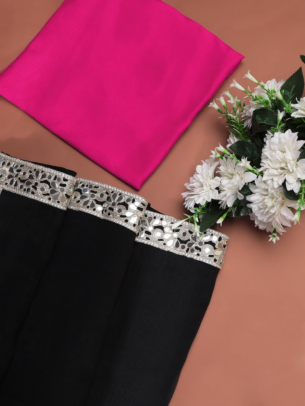 Black Mirror Work Georgette Saree with Hot Pink Blouse