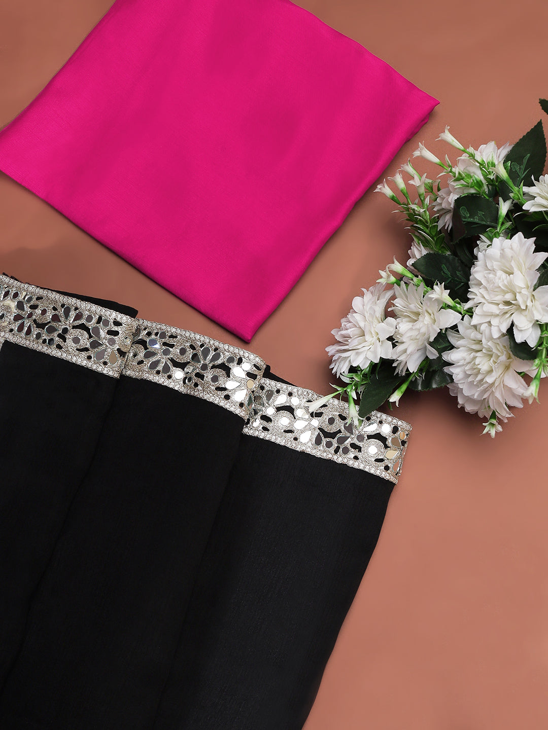Black Mirror Work Georgette Saree with Hot Pink Blouse