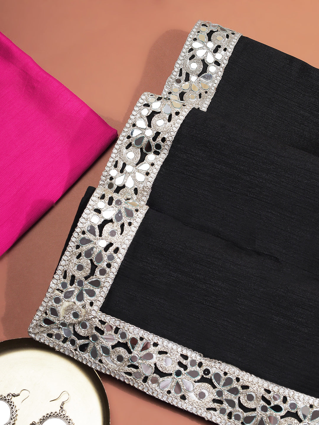 Black Mirror Work Georgette Saree with Hot Pink Blouse