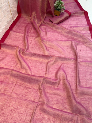 Name: Rose Gold cotton  shimmering Silk Saree with a soft rose-pink and golden sheen, finished with a deep maroon border.