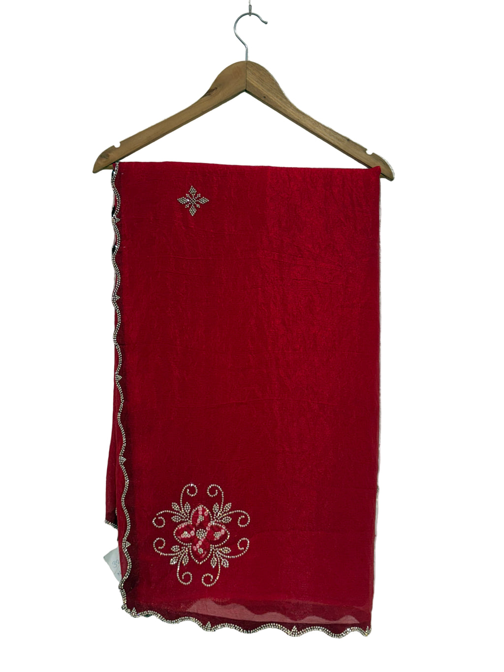 Name: Crimson Blossom Embroidered Saree
Fabric: crepe silk with delicate white thread and Maching Badhani blouse mirror embroidery perfect for festival