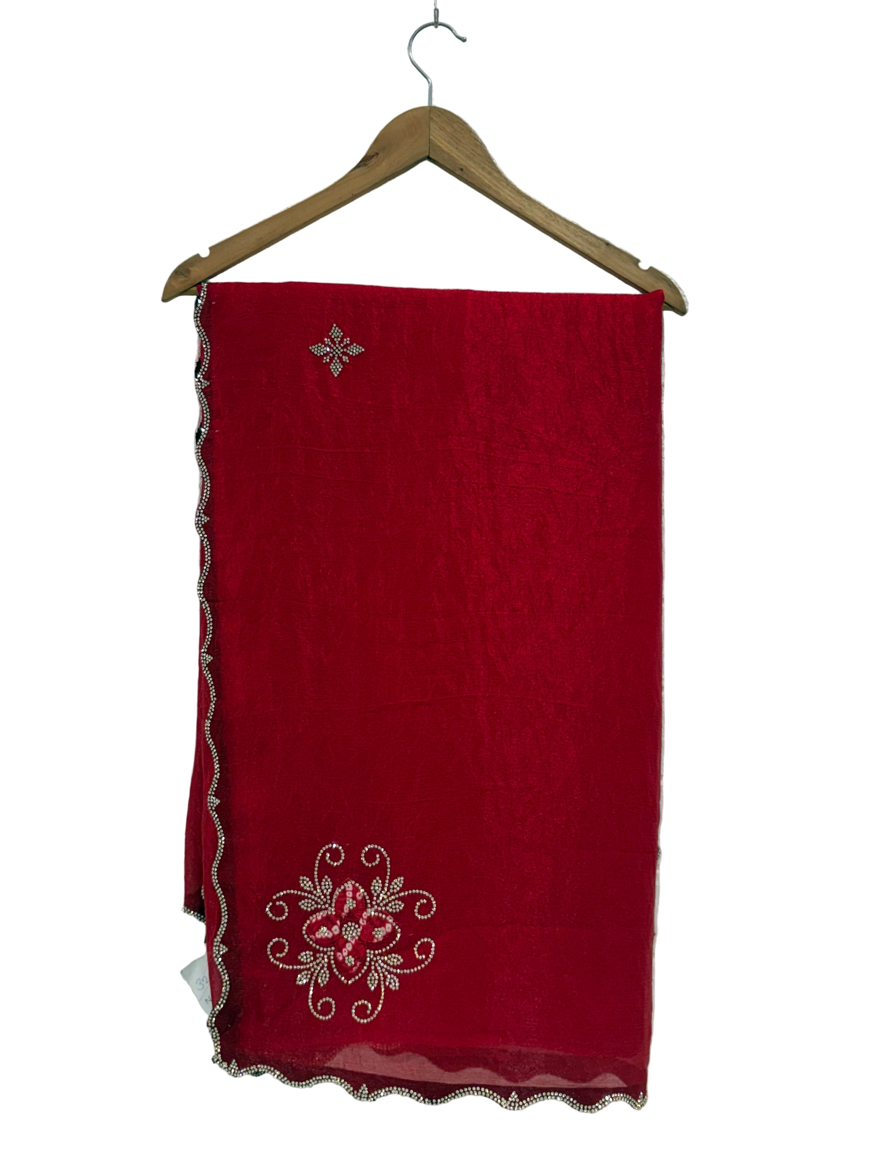 Name: Crimson Blossom Embroidered Saree
Fabric: crepe silk with delicate white thread and Maching Badhani blouse mirror embroidery perfect for festival