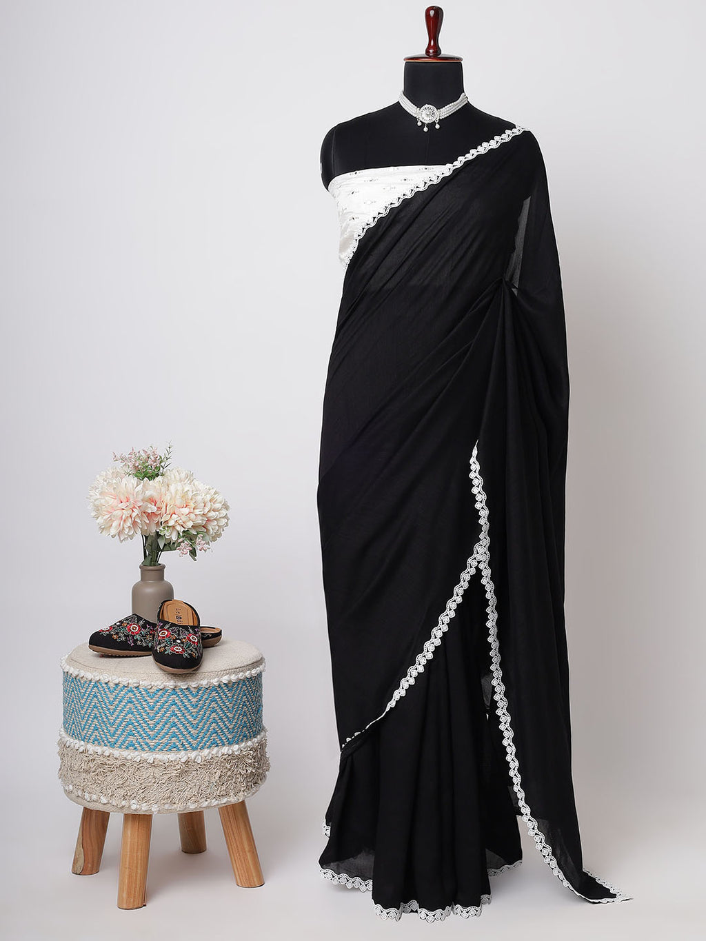 “Noor-E-Kala” – Black Saree with White Embroidered Border & Blouse