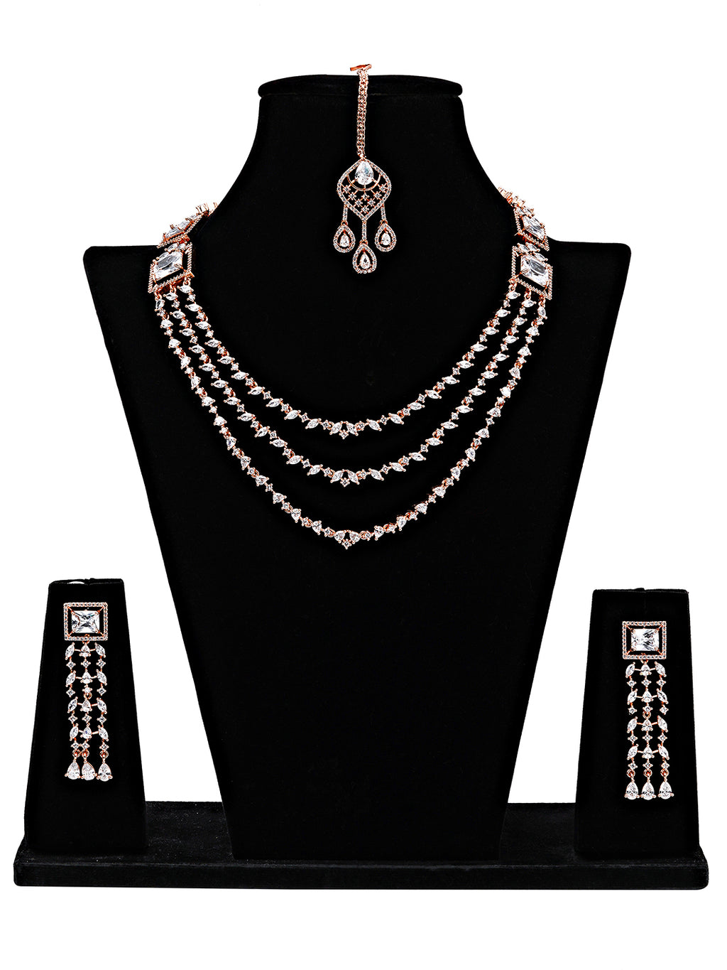 Rose Gold Diamond-Cut Bridal Necklace Set with Maang Tikka