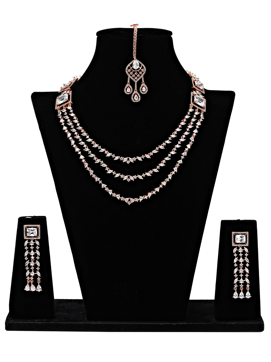 Rose Gold Diamond-Cut Bridal Necklace Set with Maang Tikka