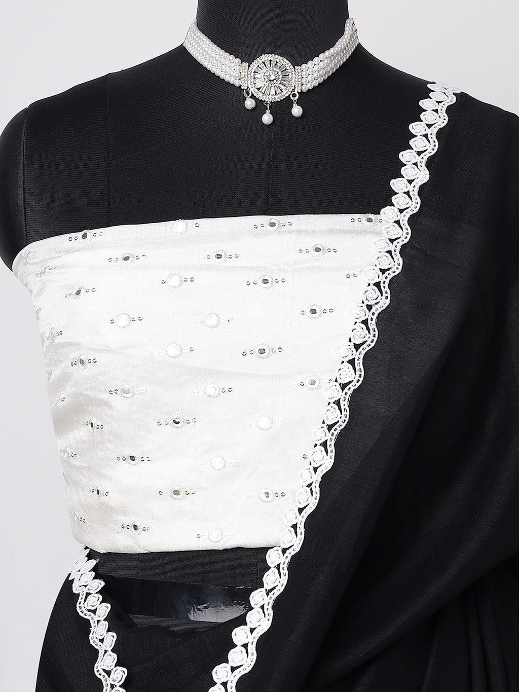 “Noor-E-Kala” – Black Saree with White Embroidered Border & Blouse