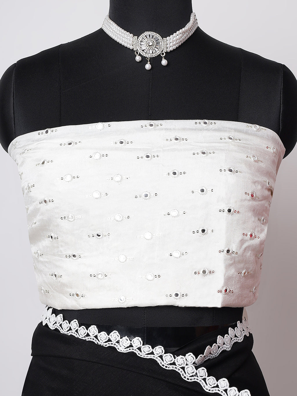 “Noor-E-Kala” – Black Saree with White Embroidered Border & Blouse