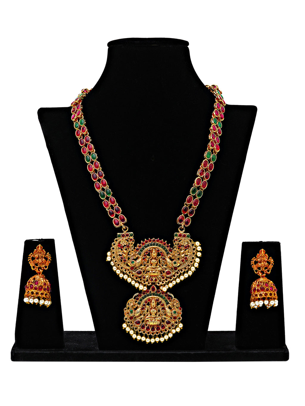 Double Pendant Temple Necklace Set with Ruby & Emerald Stones