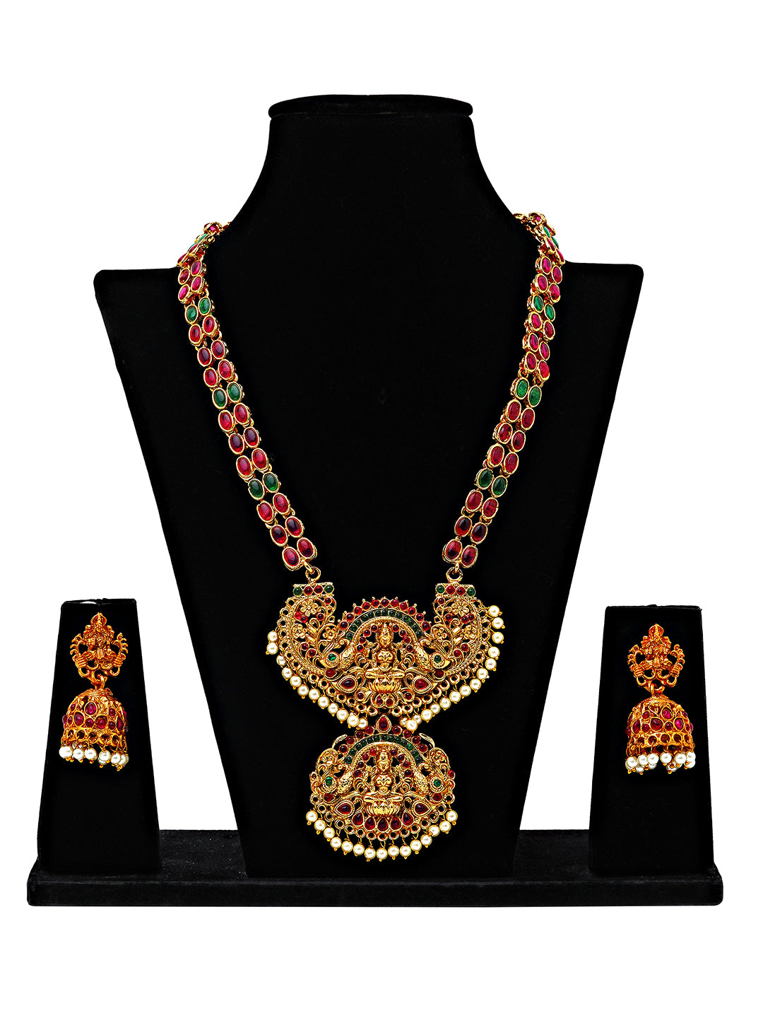 Double Pendant Temple Necklace Set with Ruby & Emerald Stones