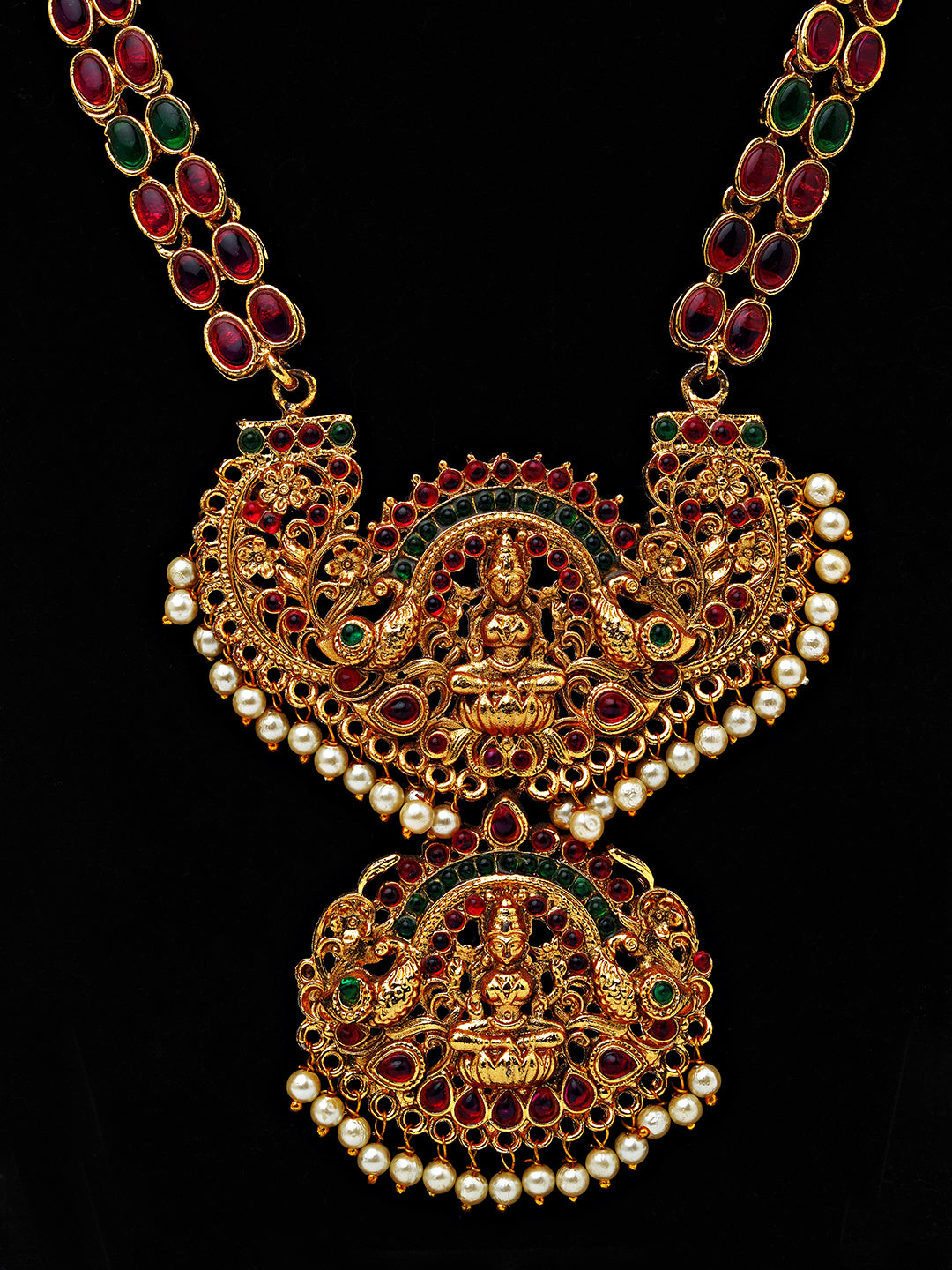 Double Pendant Temple Necklace Set with Ruby & Emerald Stones