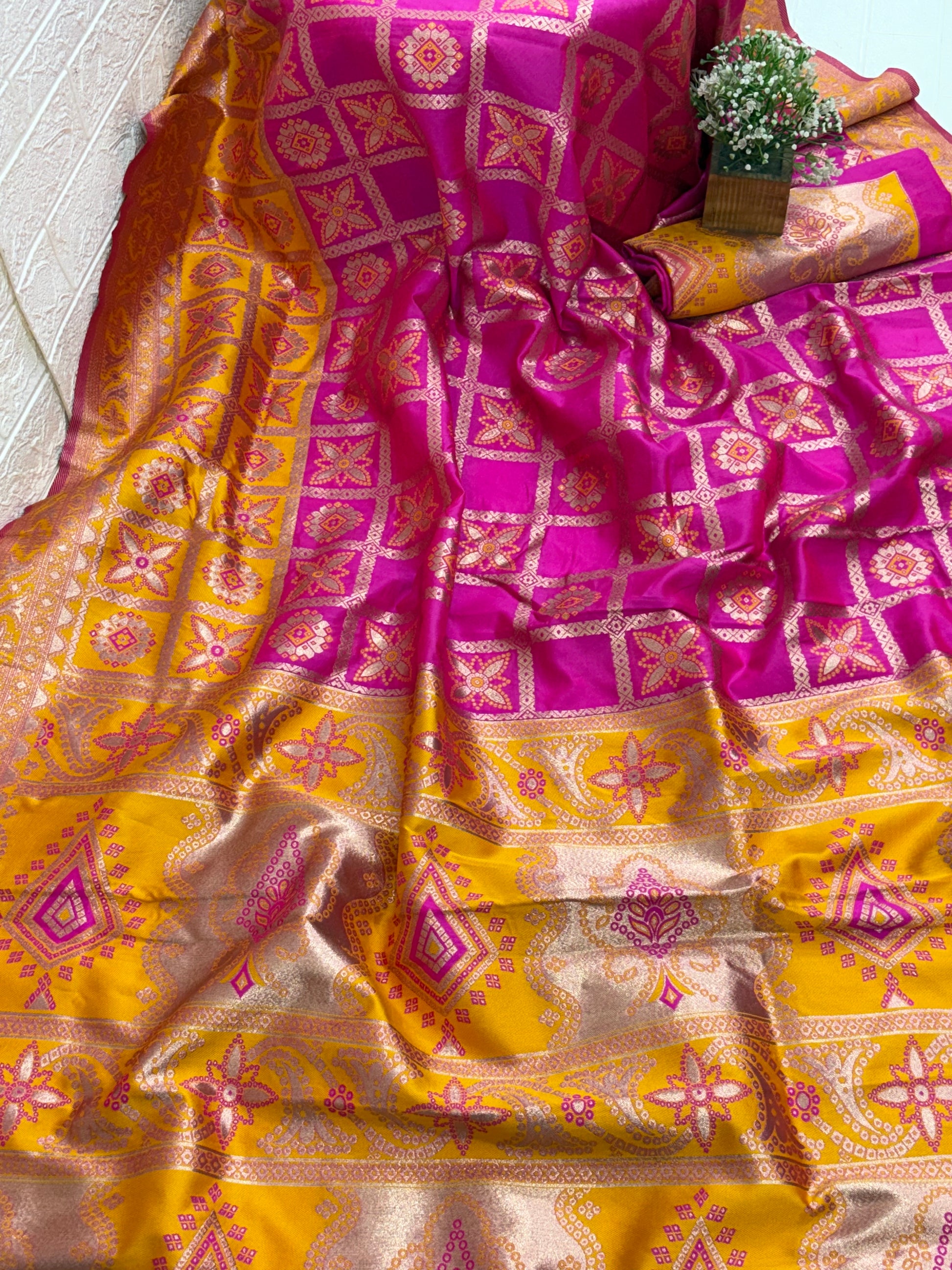 Name deep Pink saree fabric pure Art silk blend adorned with traditional block print motifs and a contrasting yellow border for a timeless ethic appeal