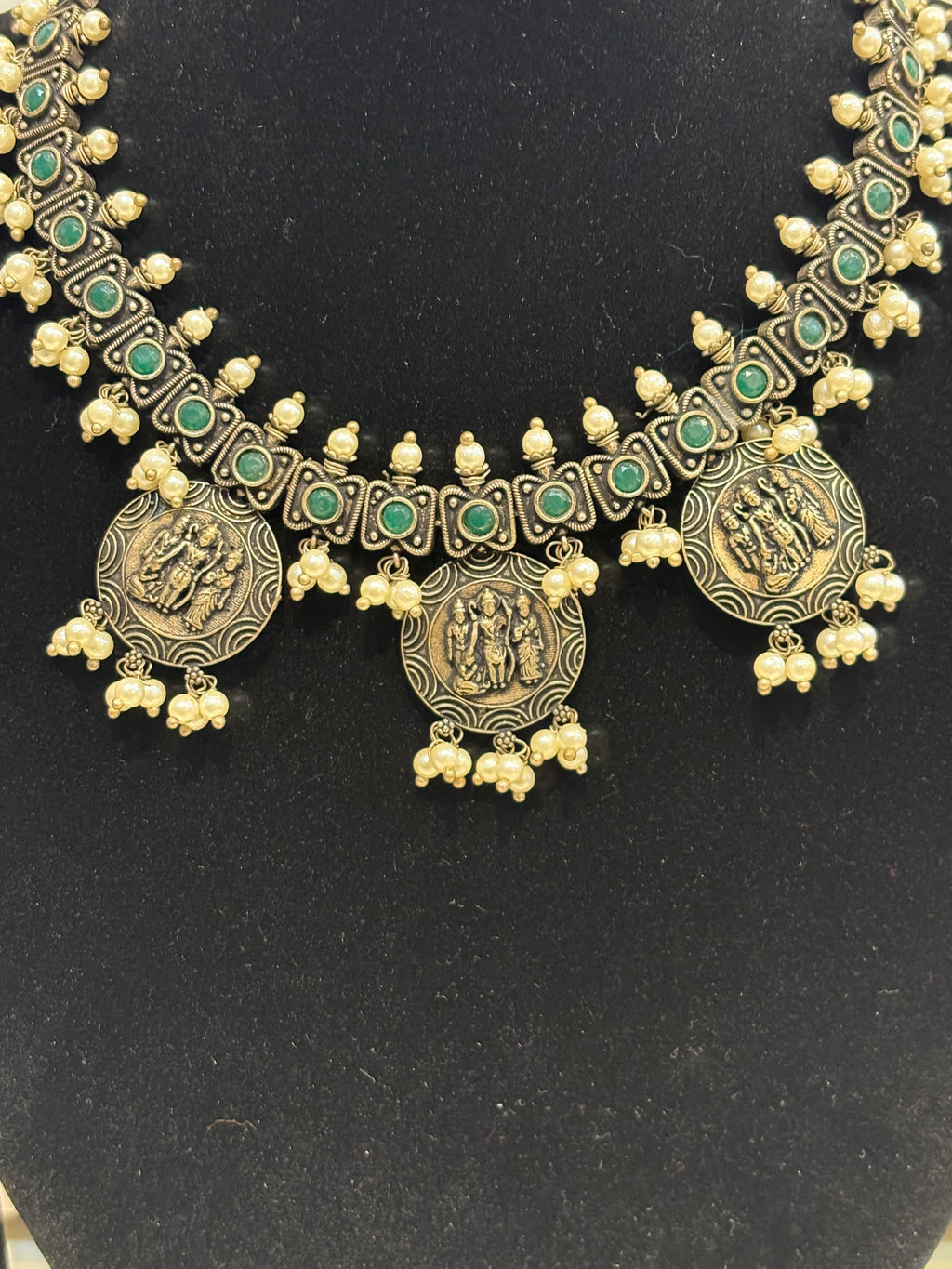 Name: Temple Coin Oxidized Necklace Set German silver with green stone accents and pearl bead embellishments