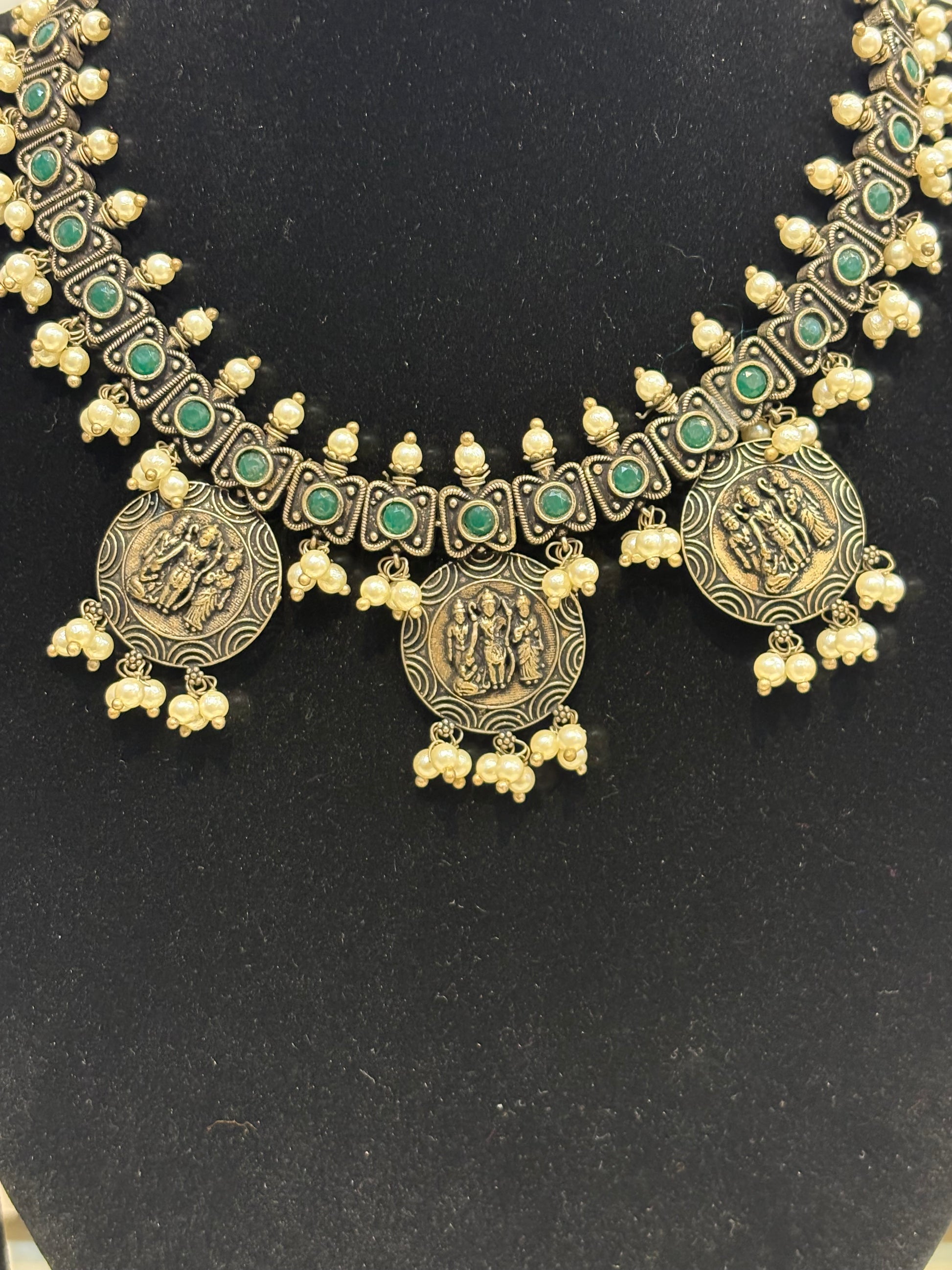 Name: Temple Coin Oxidized Necklace Set German silver with green stone accents and pearl bead embellishments