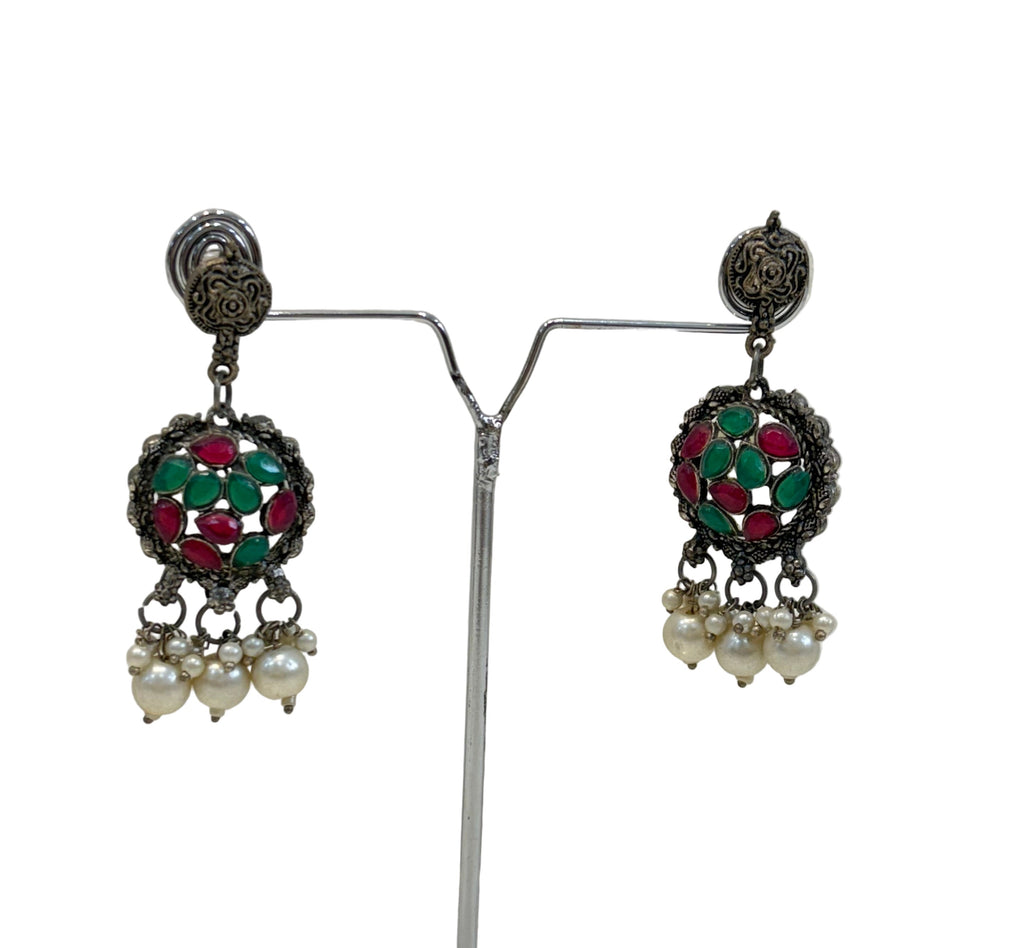 Name: Kundan Stone Oxidized Choker Set German silver with red-green Kundan work and pearl drop embellishments