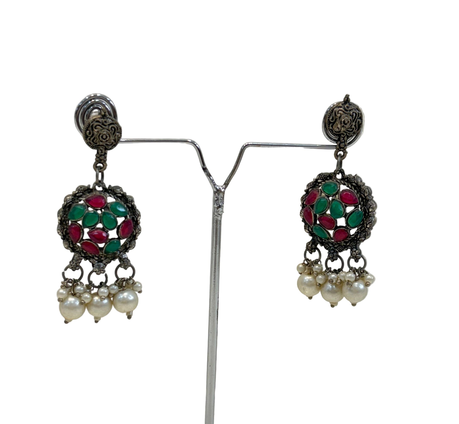 Name: Kundan Stone Oxidized Choker Set German silver with red-green Kundan work and pearl drop embellishments