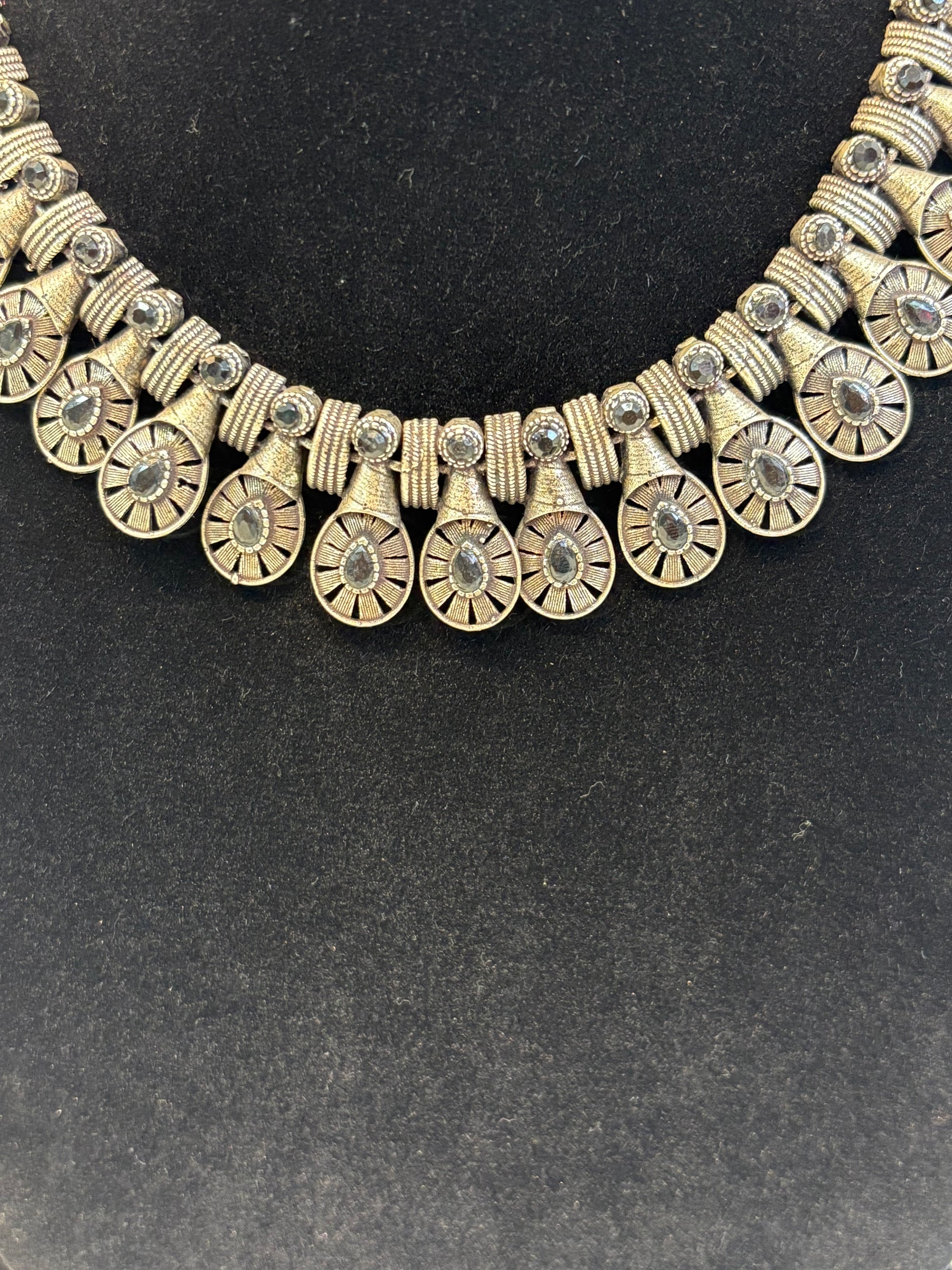 Name: Antique Silver Oxidized Necklace Set German silver with oxidized finish and pearl accents