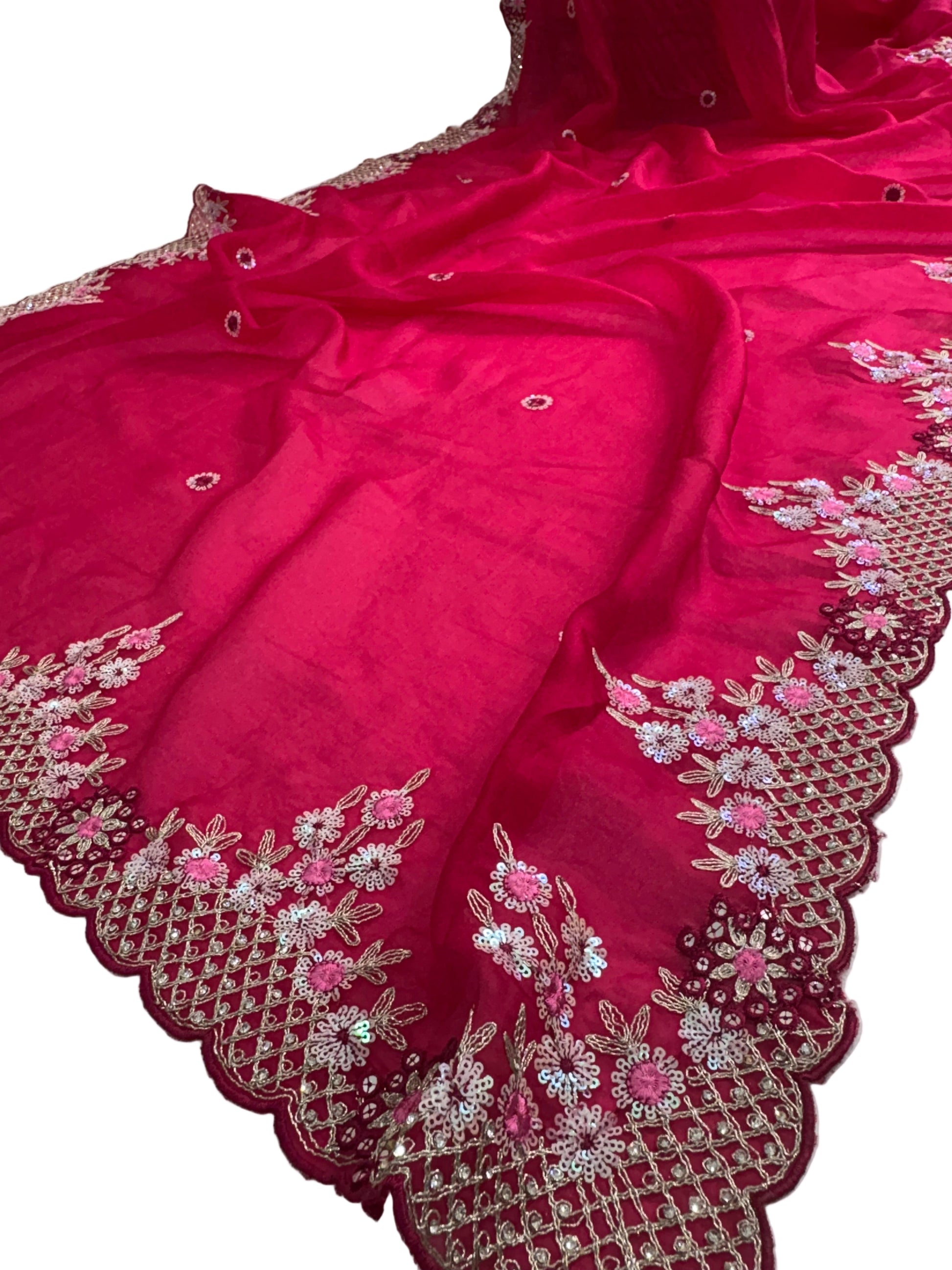 Name: Dark pink colour Bloom Saree Soft organza with light pink colour blouse delicate floral embroidery and scalloped border