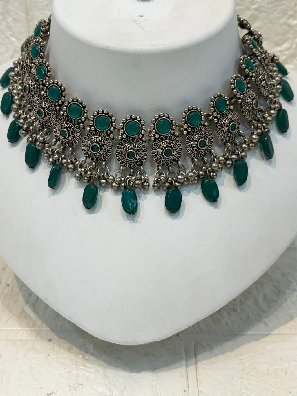 Name: Antique Silver Choker Necklace Oxidized silver metal with green stone embellishments