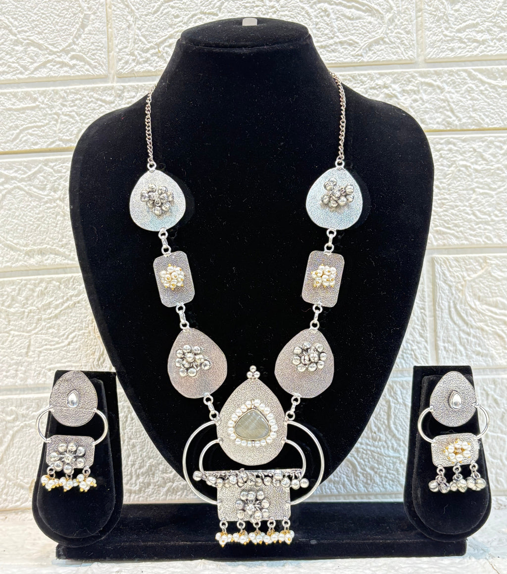 Name: Ethnic Silver Plated Necklace Set Oxidized silver metal with mirror work and pearl bead detailing