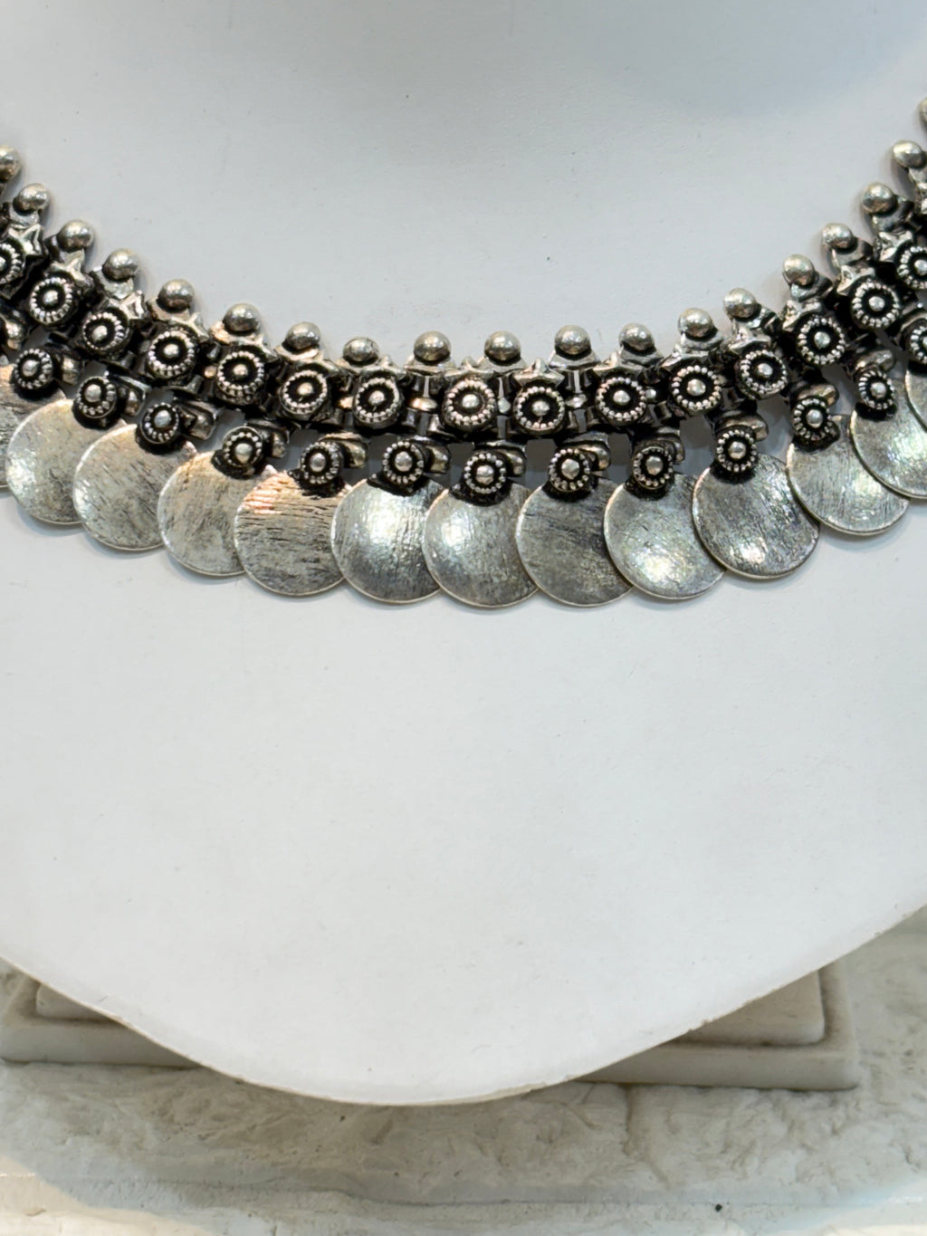 Name: Antique Coin Oxidized Necklace German silver base with layered coin and bead embellishments