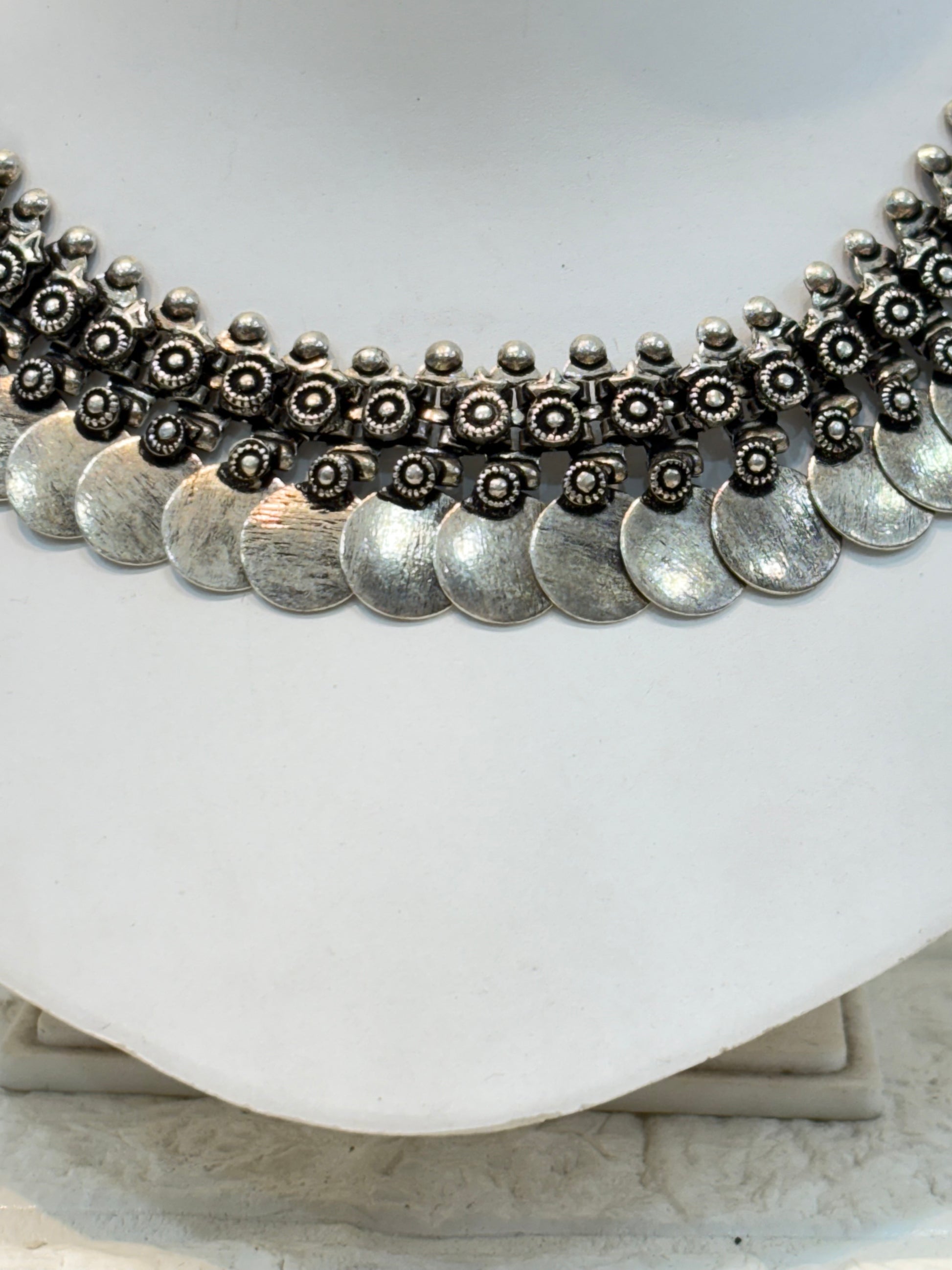 Name: Antique Coin Oxidized Necklace German silver base with layered coin and bead embellishments