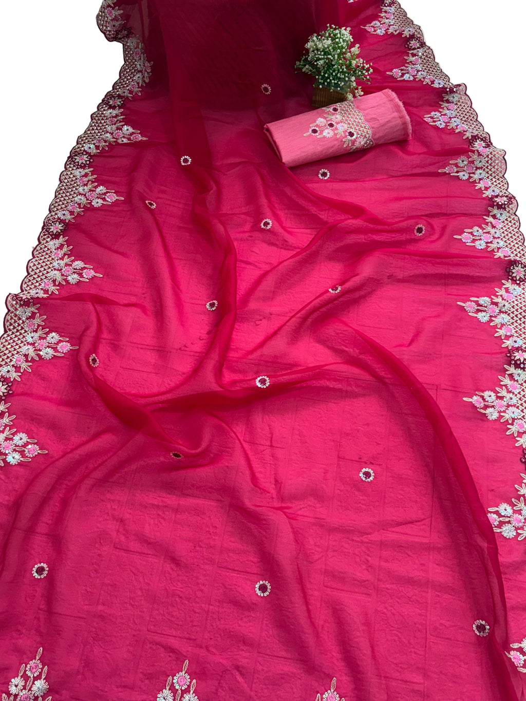 Name: Dark pink colour Bloom Saree Soft organza with light pink colour blouse delicate floral embroidery and scalloped border