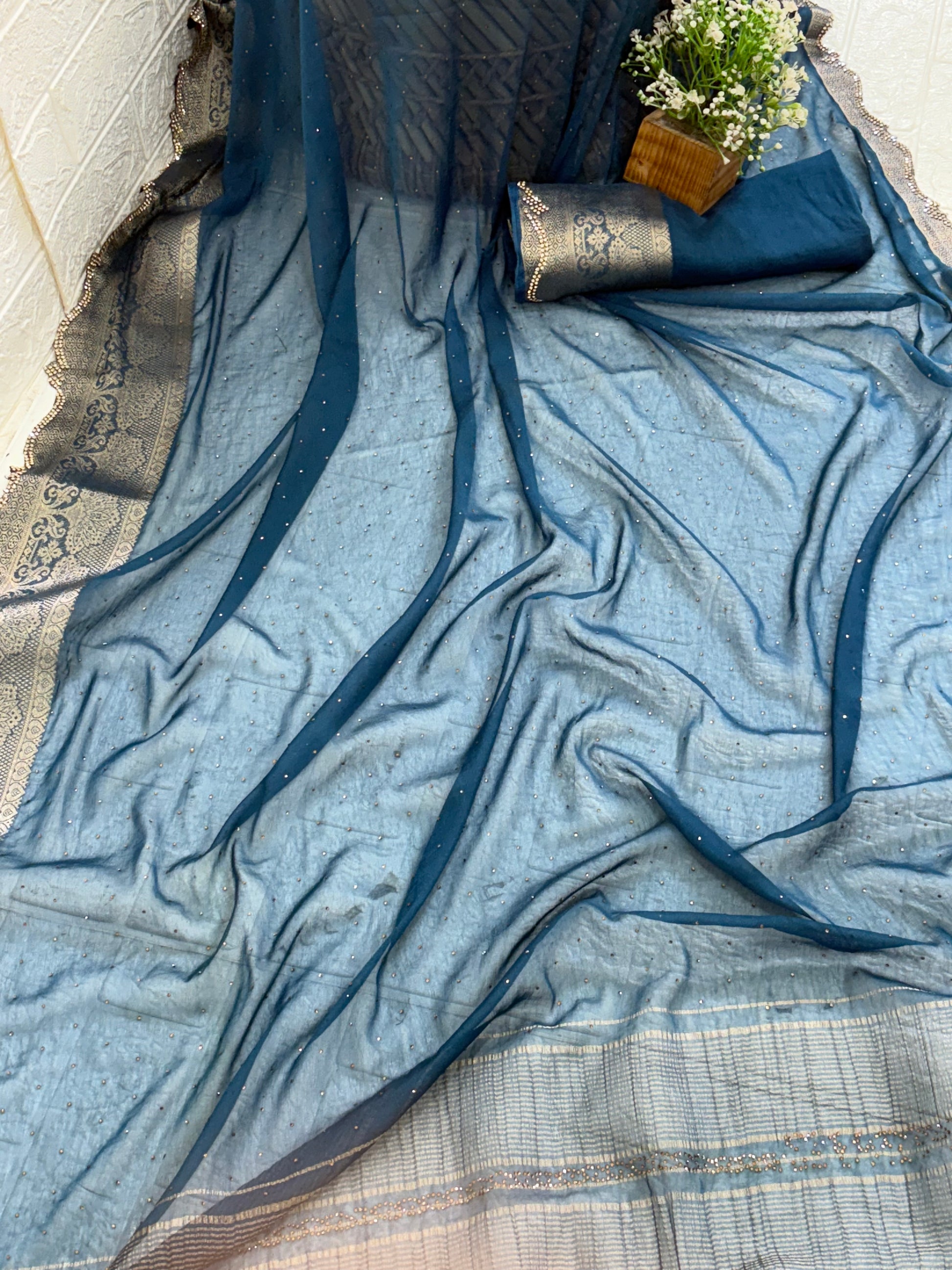 Teal Blue Saree with golden border and Pallu shimmer georgette Silk Saree Blend with Zari Weave