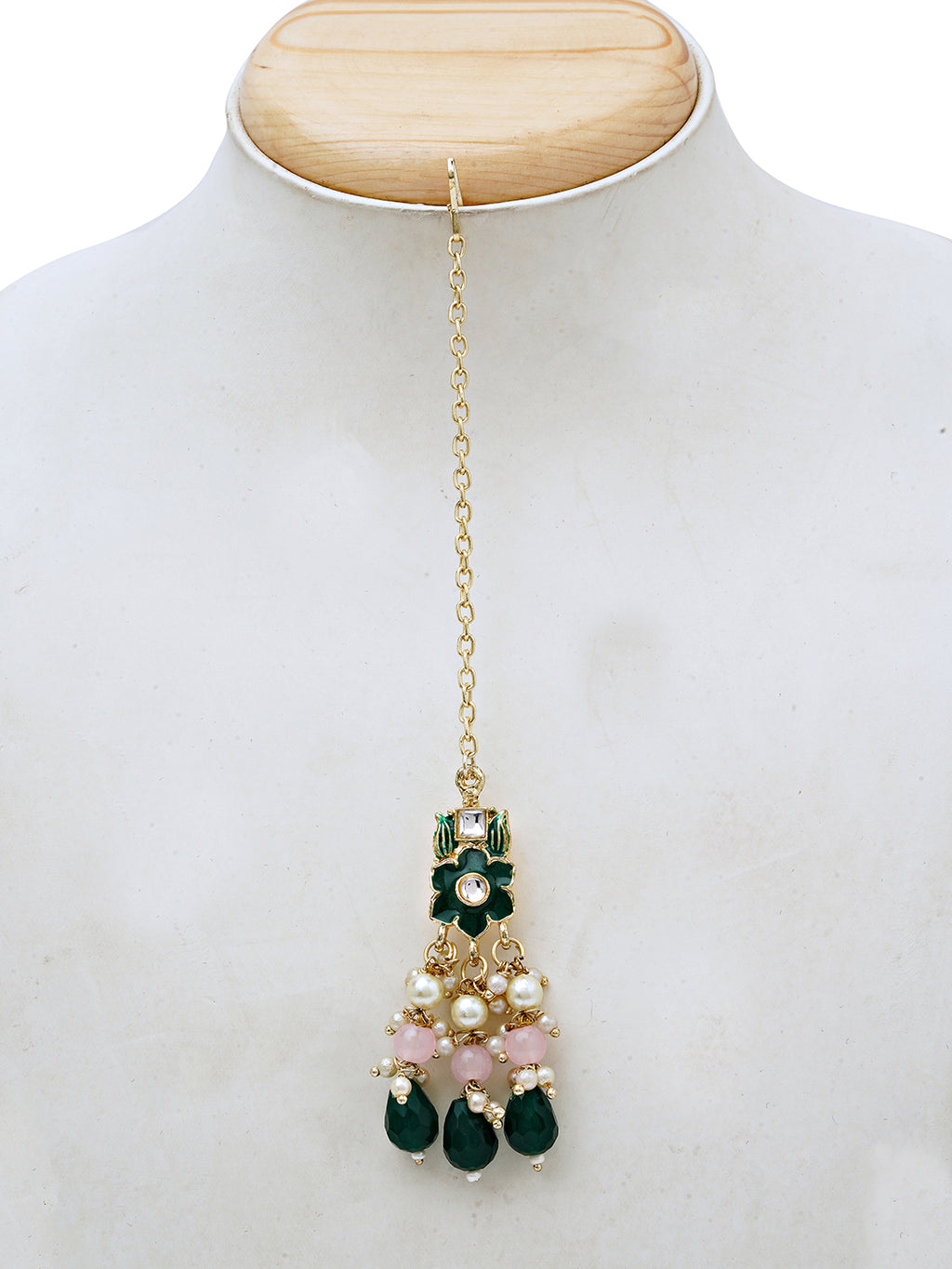 Emerald Green Floral Choker Necklace Set with Pearls and Maang Tikka
