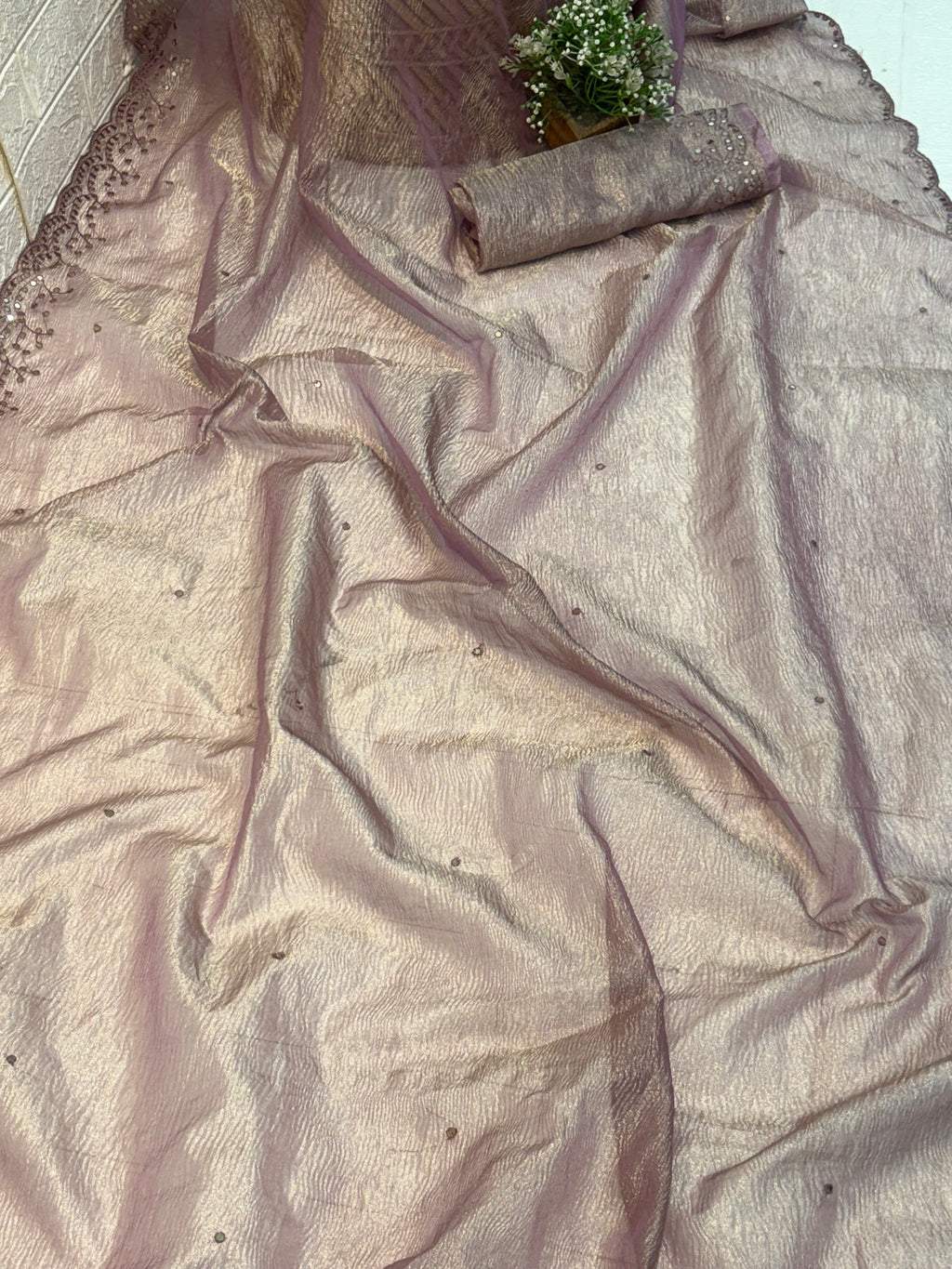 Name: purple gold Mauve crust Tissue Shimmery fabric with subtle sequin embellishments and delicate scalloped lace border