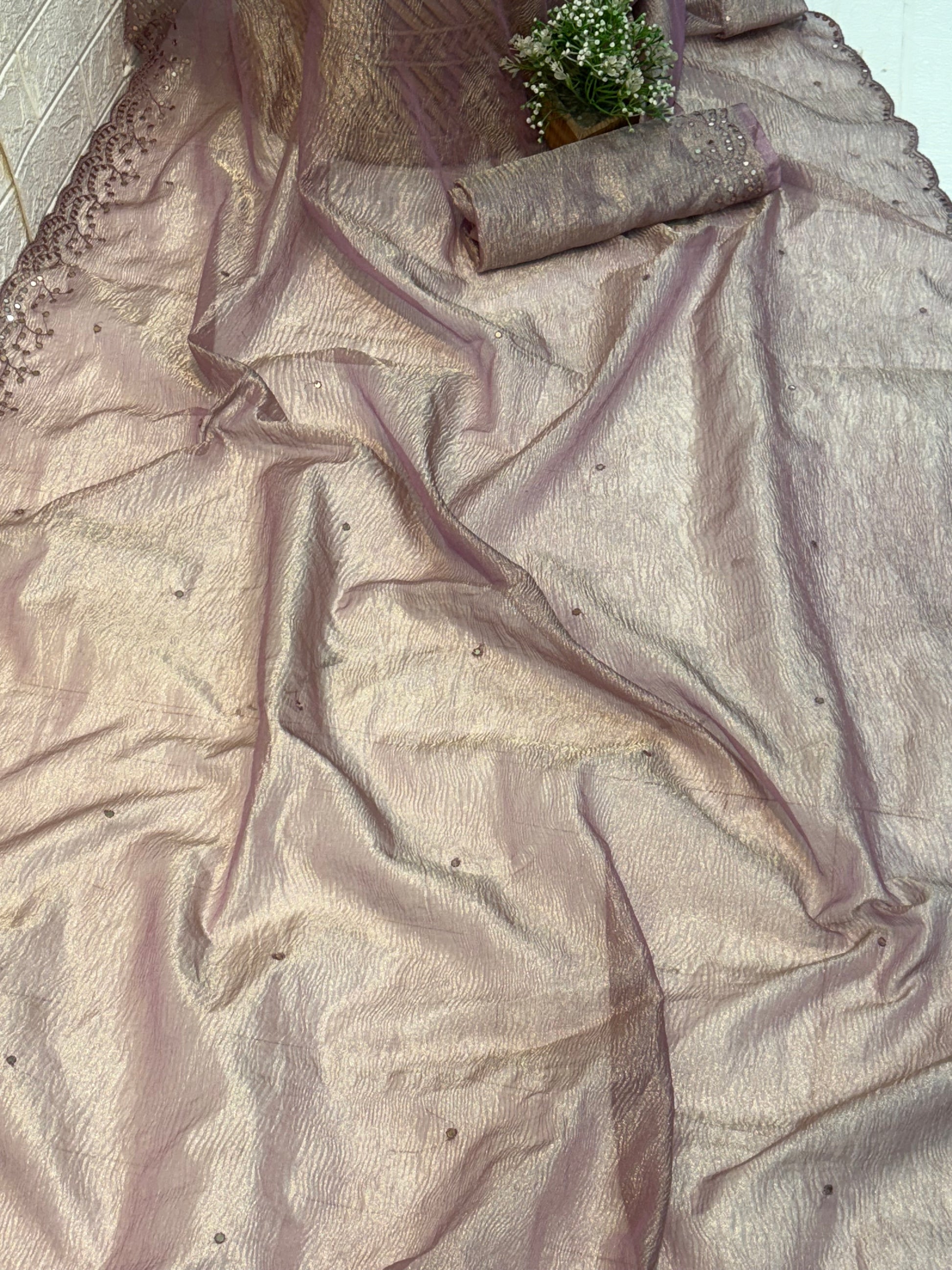 Name: purple gold Mauve crust Tissue Shimmery fabric with subtle sequin embellishments and delicate scalloped lace border