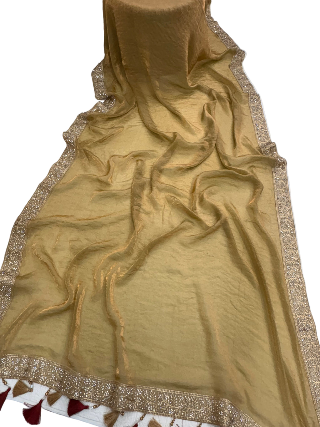 Name: Golden Grace colour Saree Jimmy-Choo saree with maroon velvet blouse intricate zari embroidered border and tassel detailing