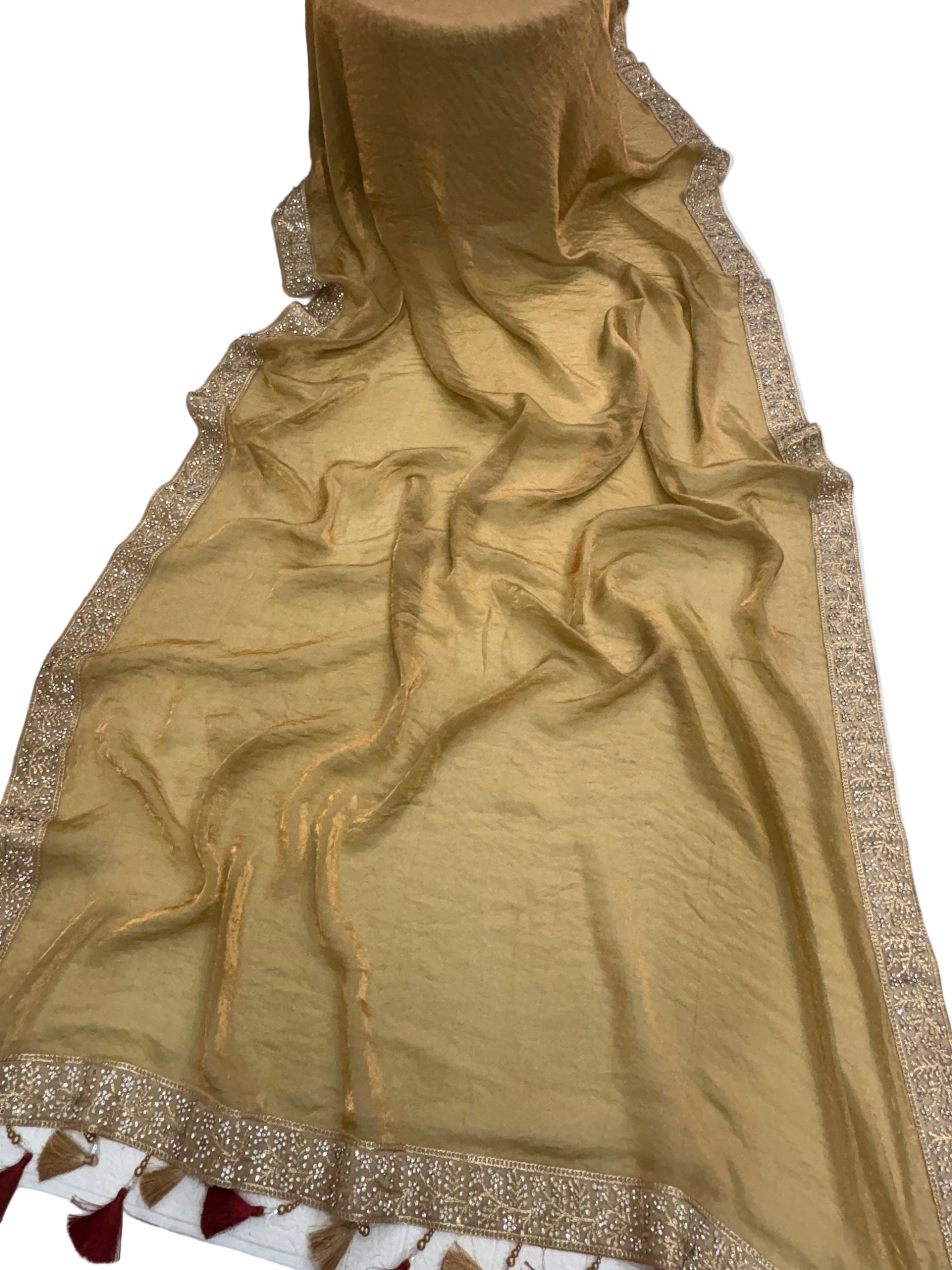 Name: Golden Grace colour Saree Jimmy-Choo saree with maroon velvet blouse intricate zari embroidered border and tassel detailing