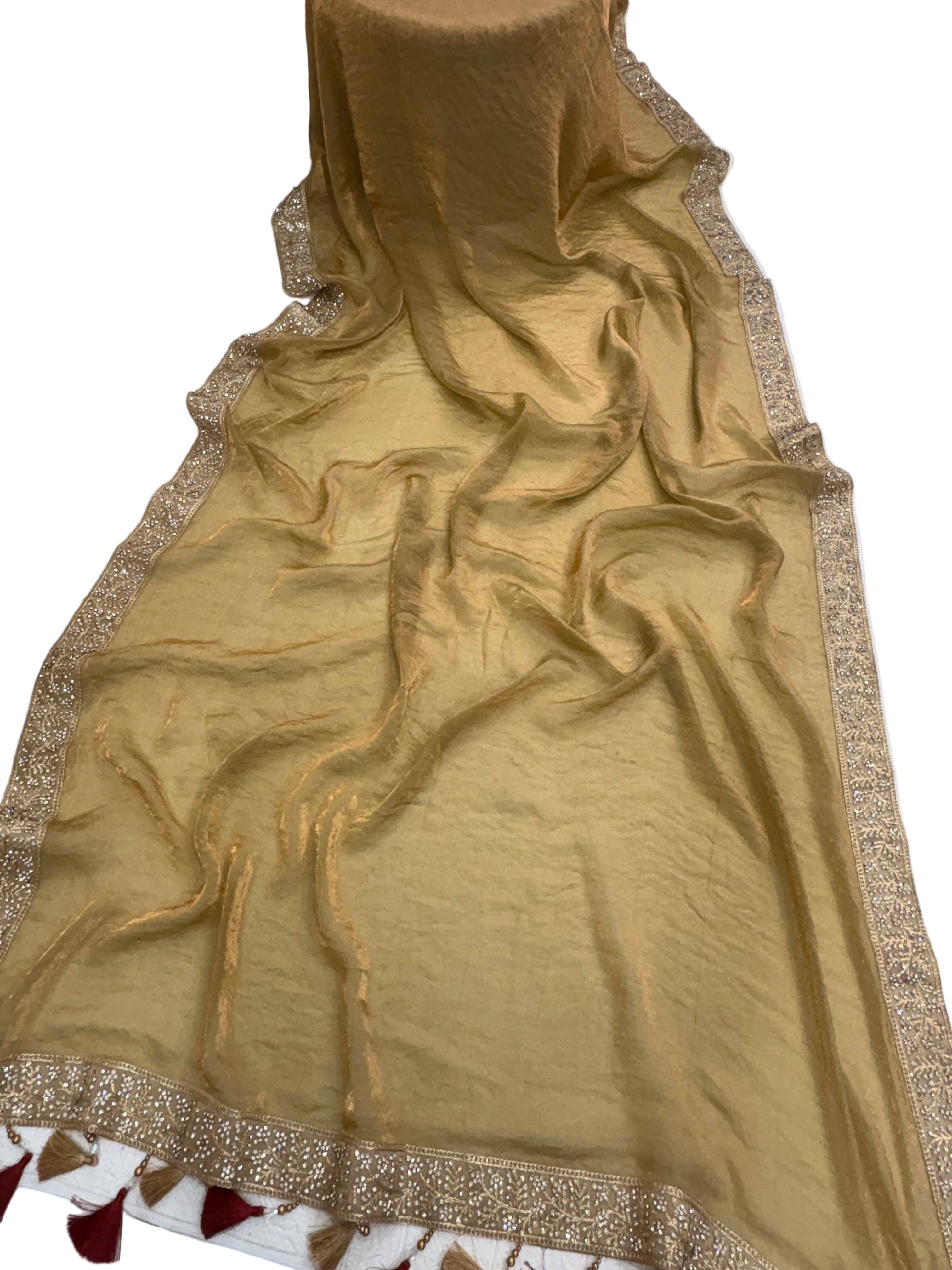 Name: Golden Grace colour Saree Jimmy-Choo saree with maroon velvet blouse intricate zari embroidered border and tassel detailing