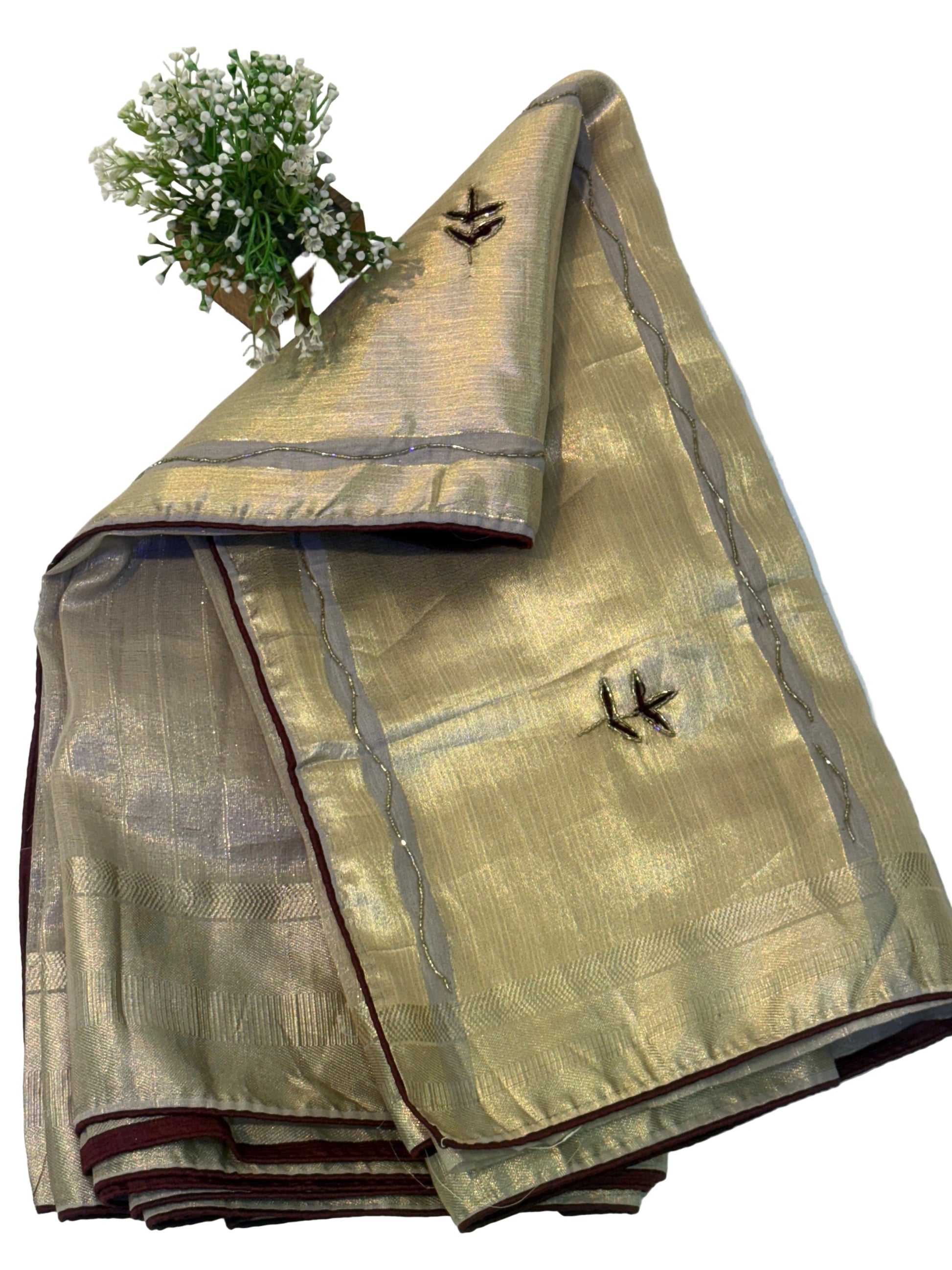 Name: Champagne Gold cotton Shimmering tissue silk fabric with delicate thread and bead floral embroidery, exuding an elegant festive charm.