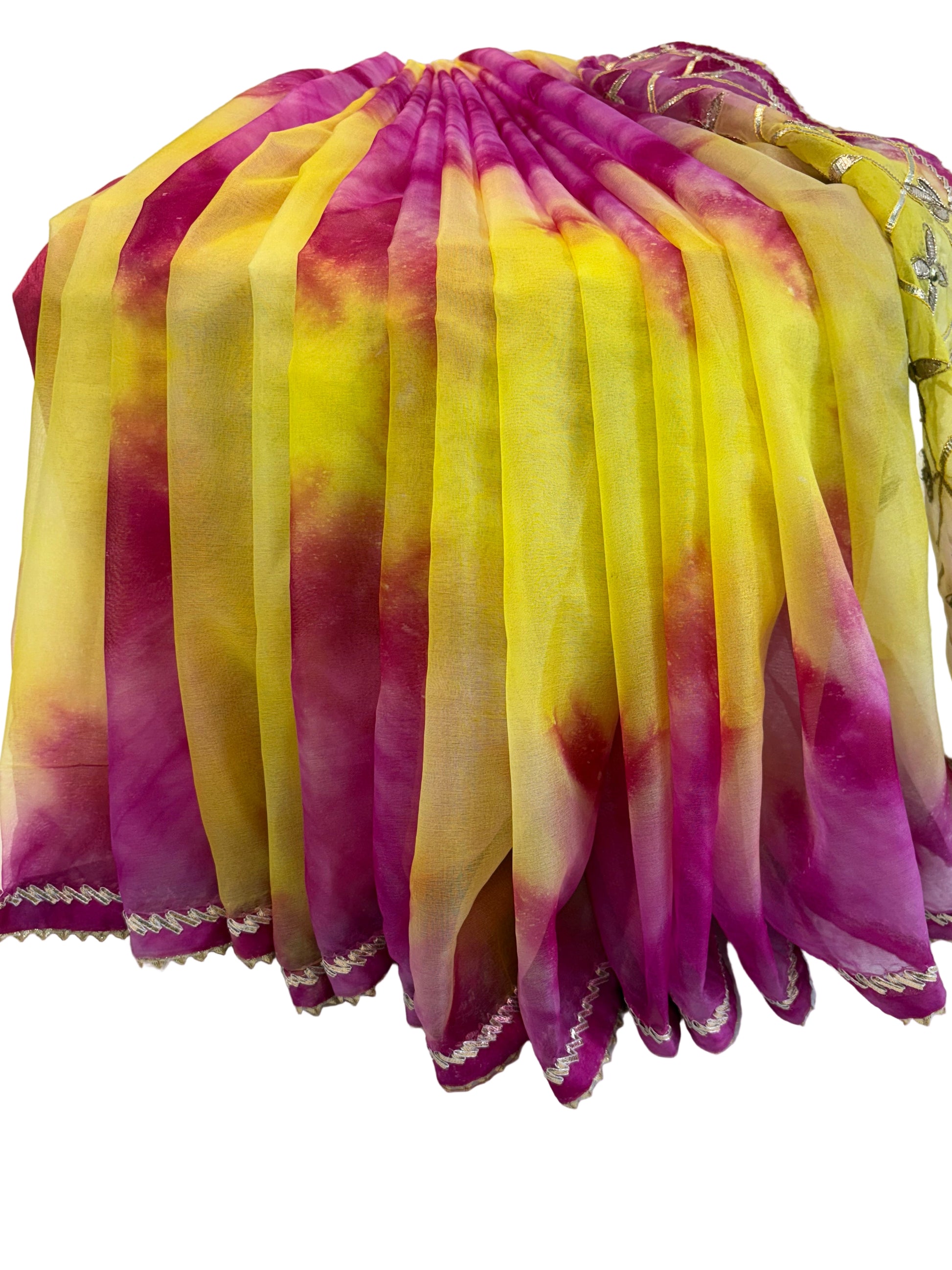 Name: Yellow and Magenta Tie-Dye Saree Organza fabric with subtle sequin embroidery and scalloped border