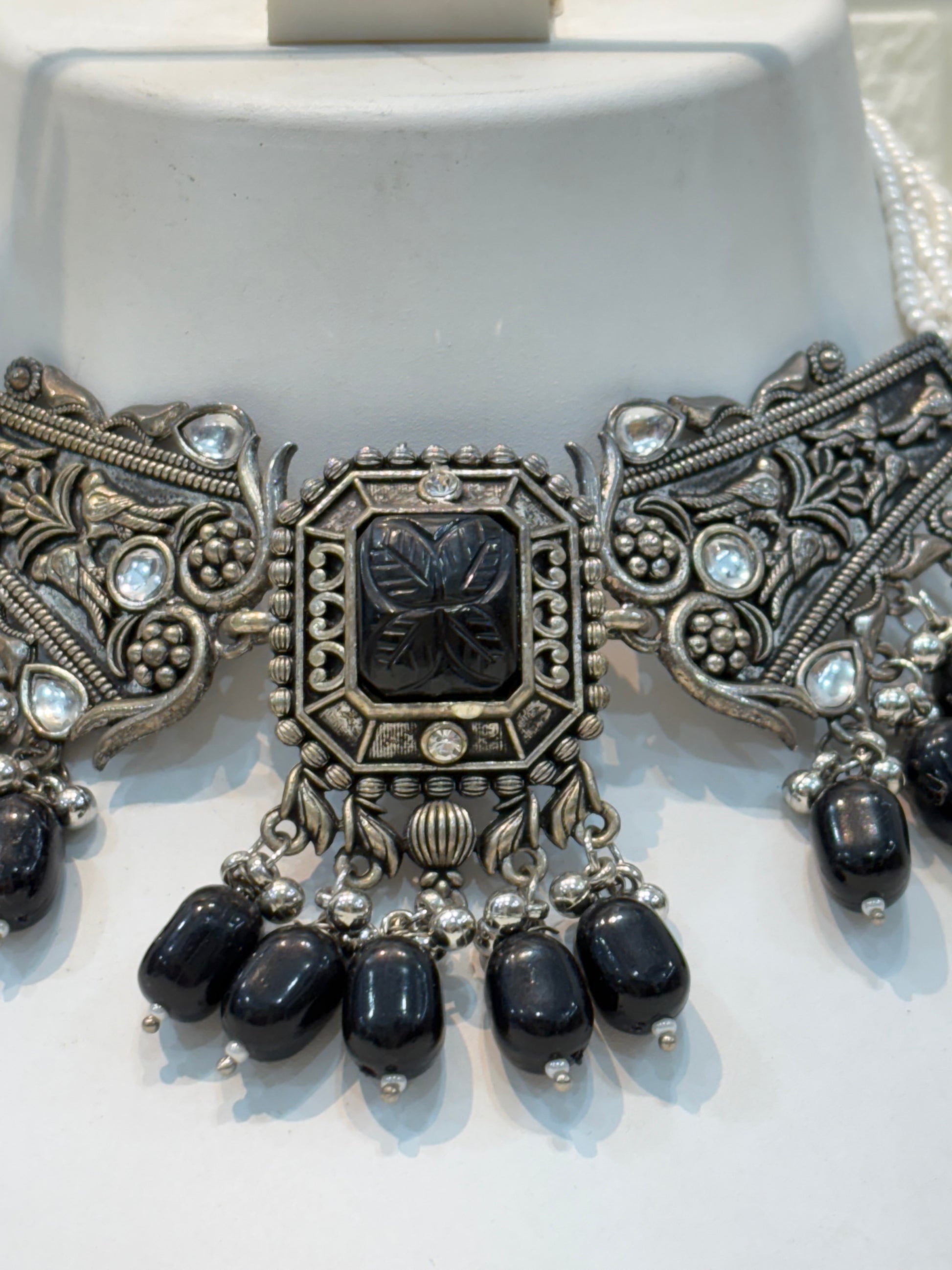 Name: Black Stone Choker Necklace Set Oxidized silver metal with carved black stones and bead embellishments