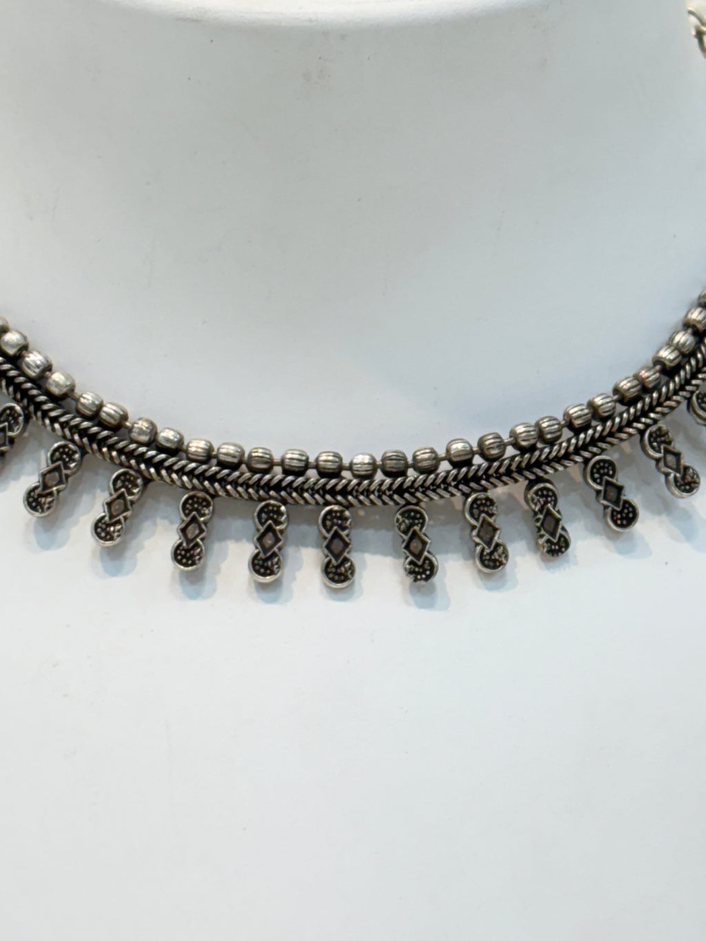 Name: Classic Oxidized Silver Choker Oxidized silver metal with intricate bead and loop detailing