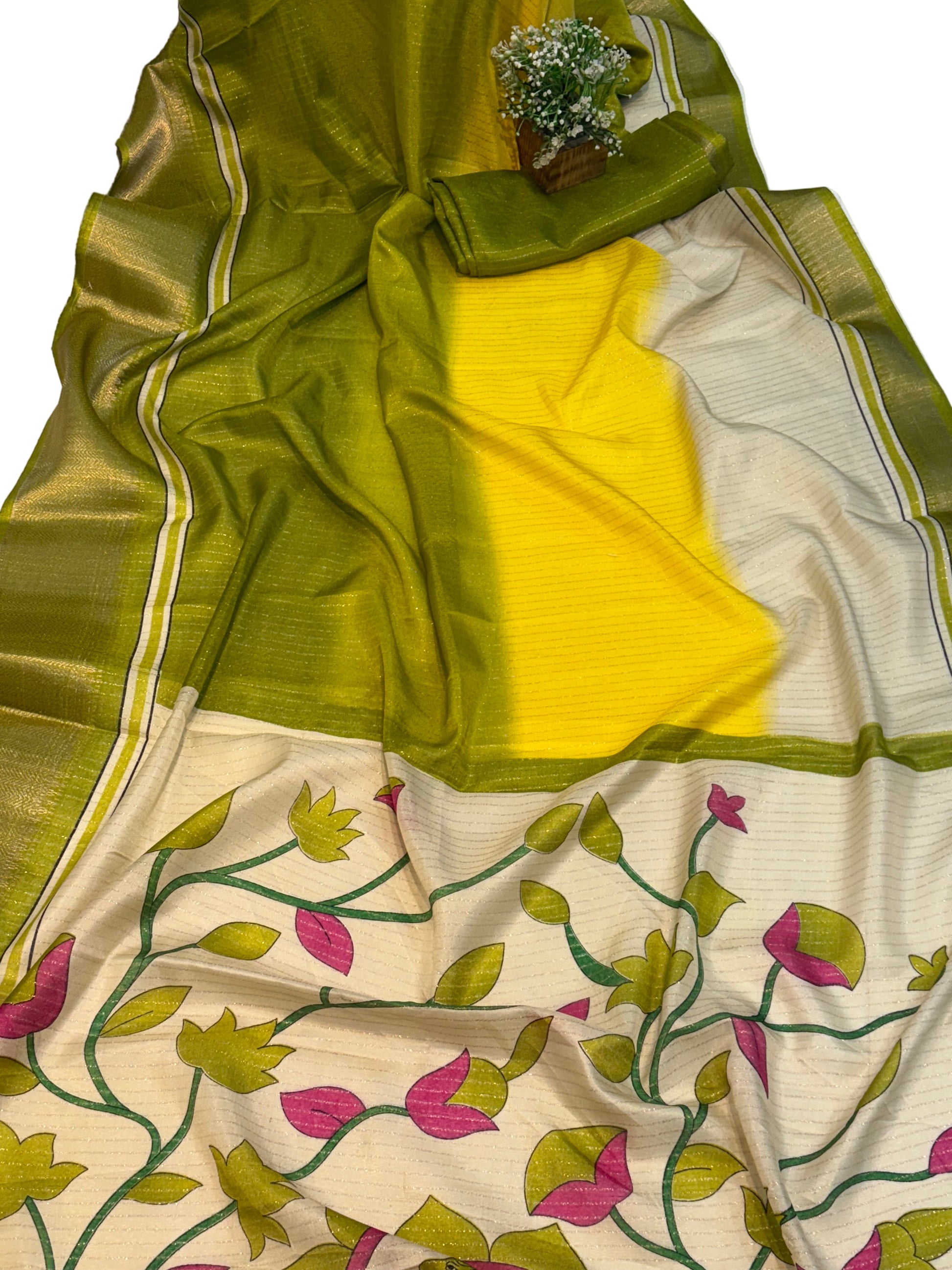 Name: Olive Green & Yellow Floral Saree semi Silk fabric with printed floral pallu and subtle shimmer texture