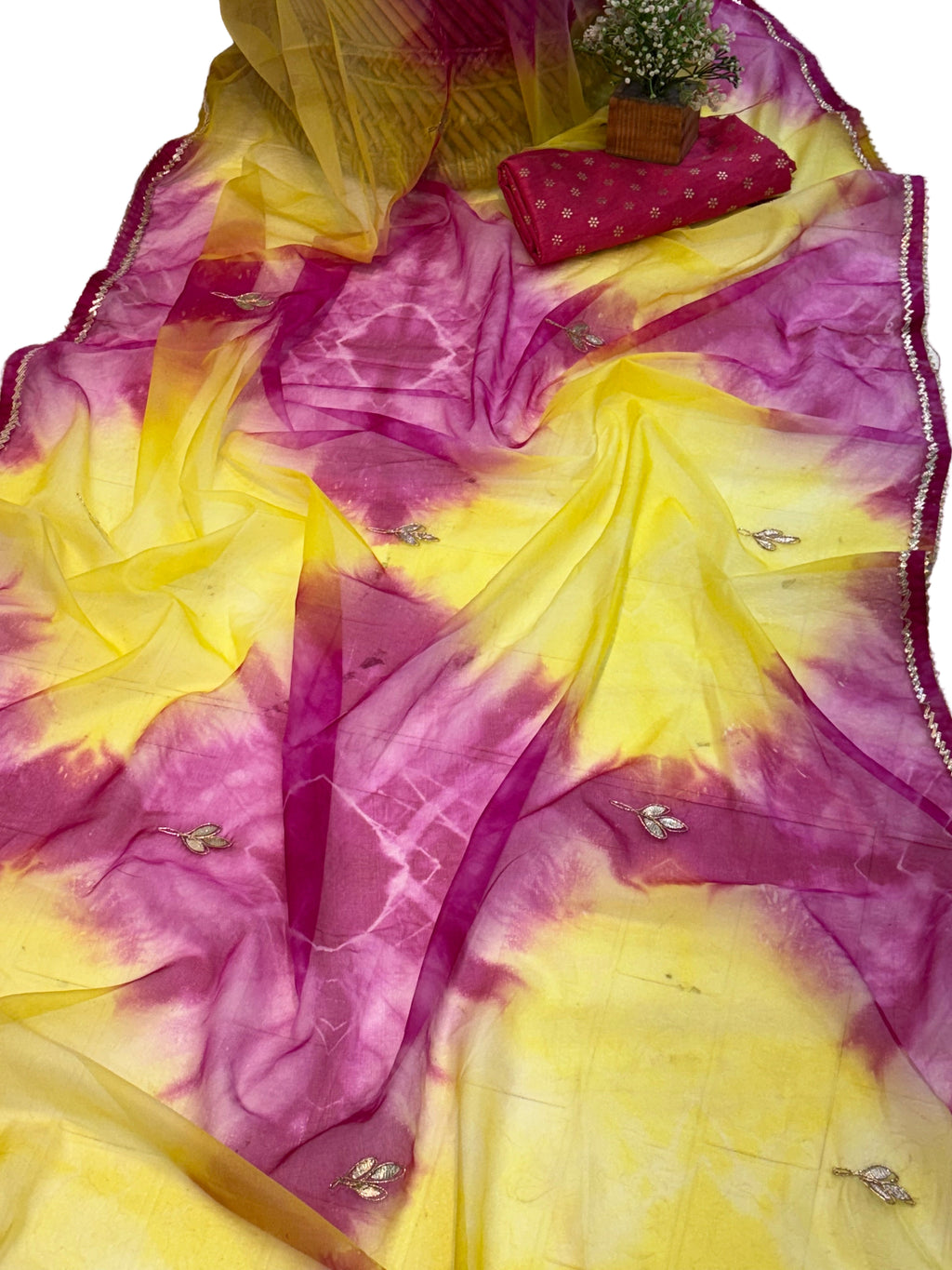 Name: Yellow and Magenta Tie-Dye Saree Organza fabric with subtle sequin embroidery and scalloped border
