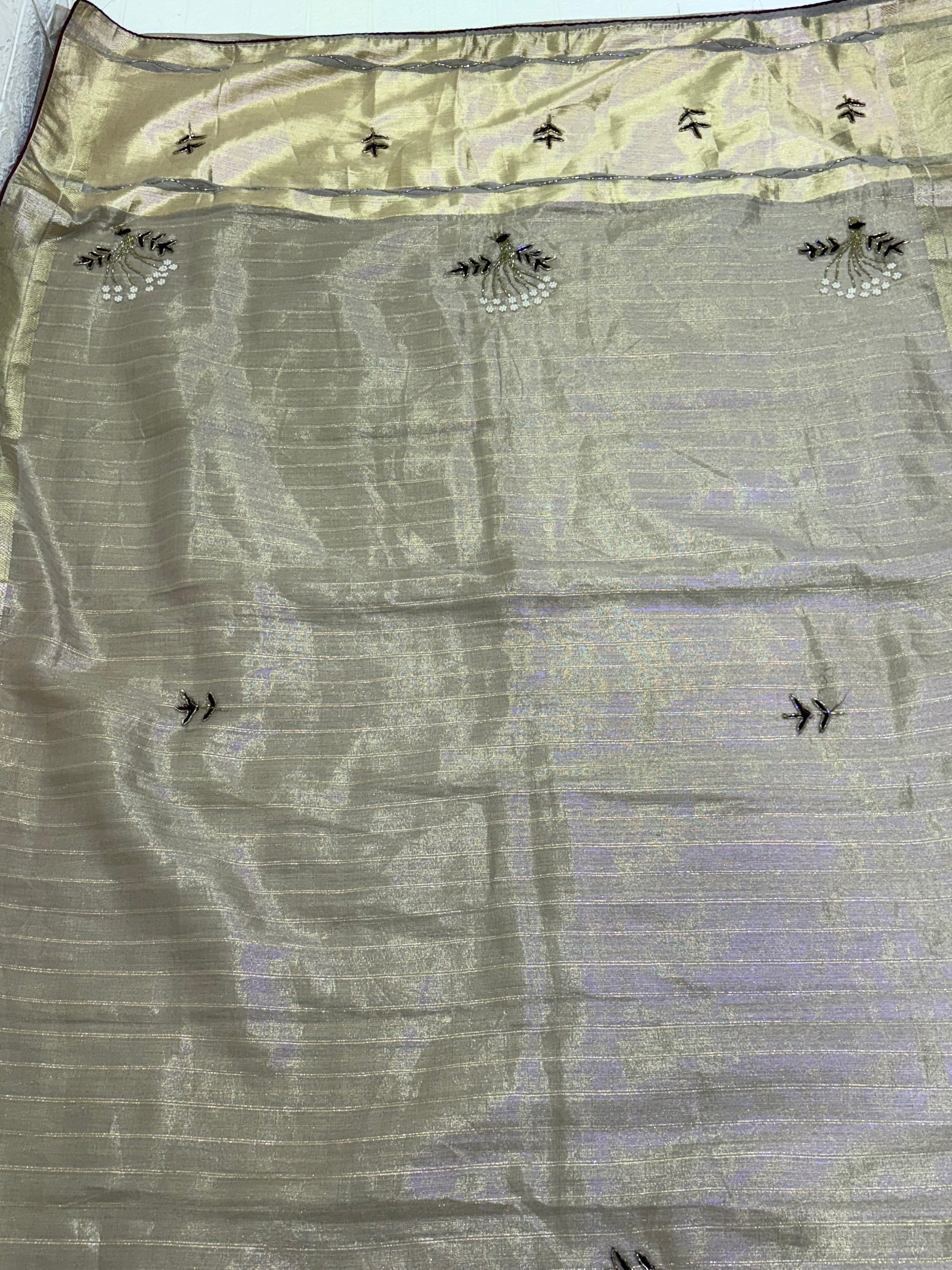 Name: Champagne Gold cotton Shimmering tissue silk fabric with delicate thread and bead floral embroidery, exuding an elegant festive charm.